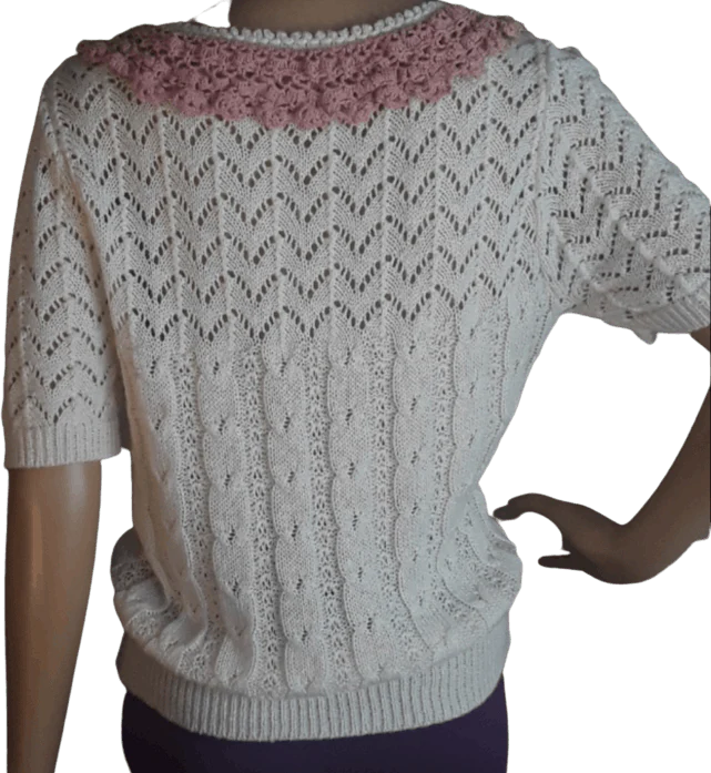Hand Crocheted White and Pink Collared Sweater - Image 2