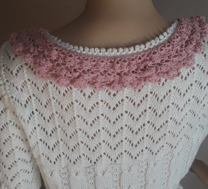 Hand Crocheted White and Pink Collared Sweater - Image 5