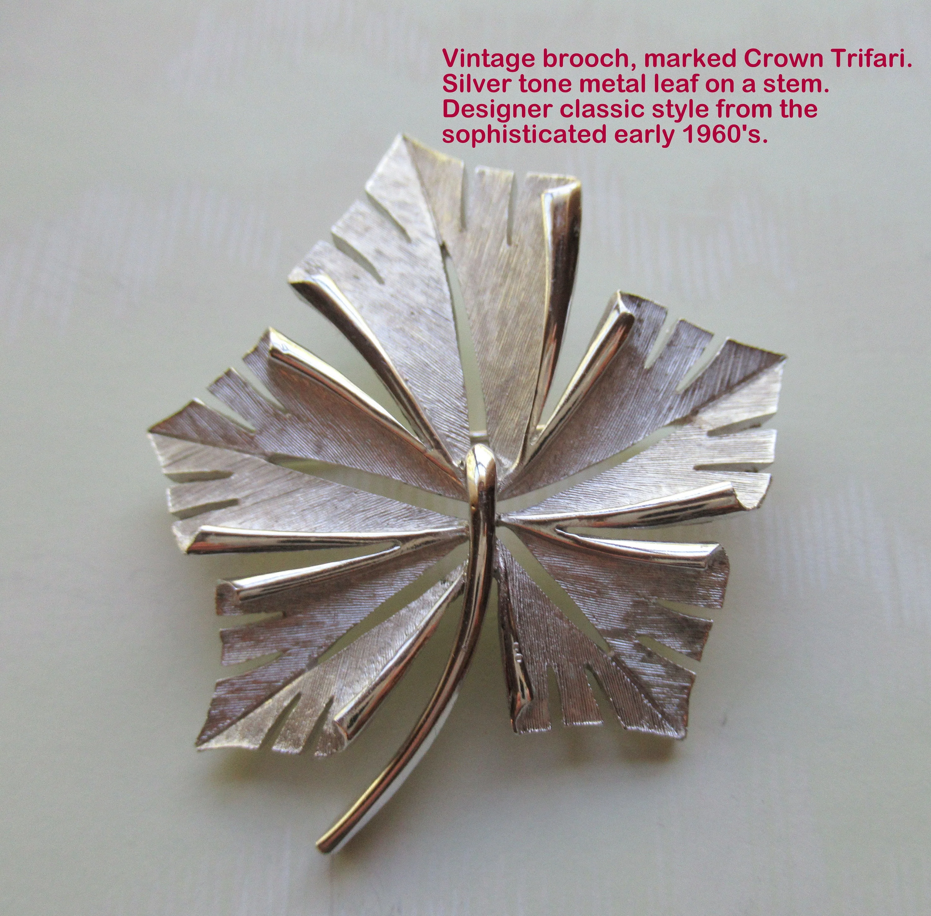 Crown Trifari Brooch Silver Tone Metal Leaf On a Stem, Lovely Designer Details, Classic Chic Style From The Sophisticated Early 60s, Vtg - Image 2