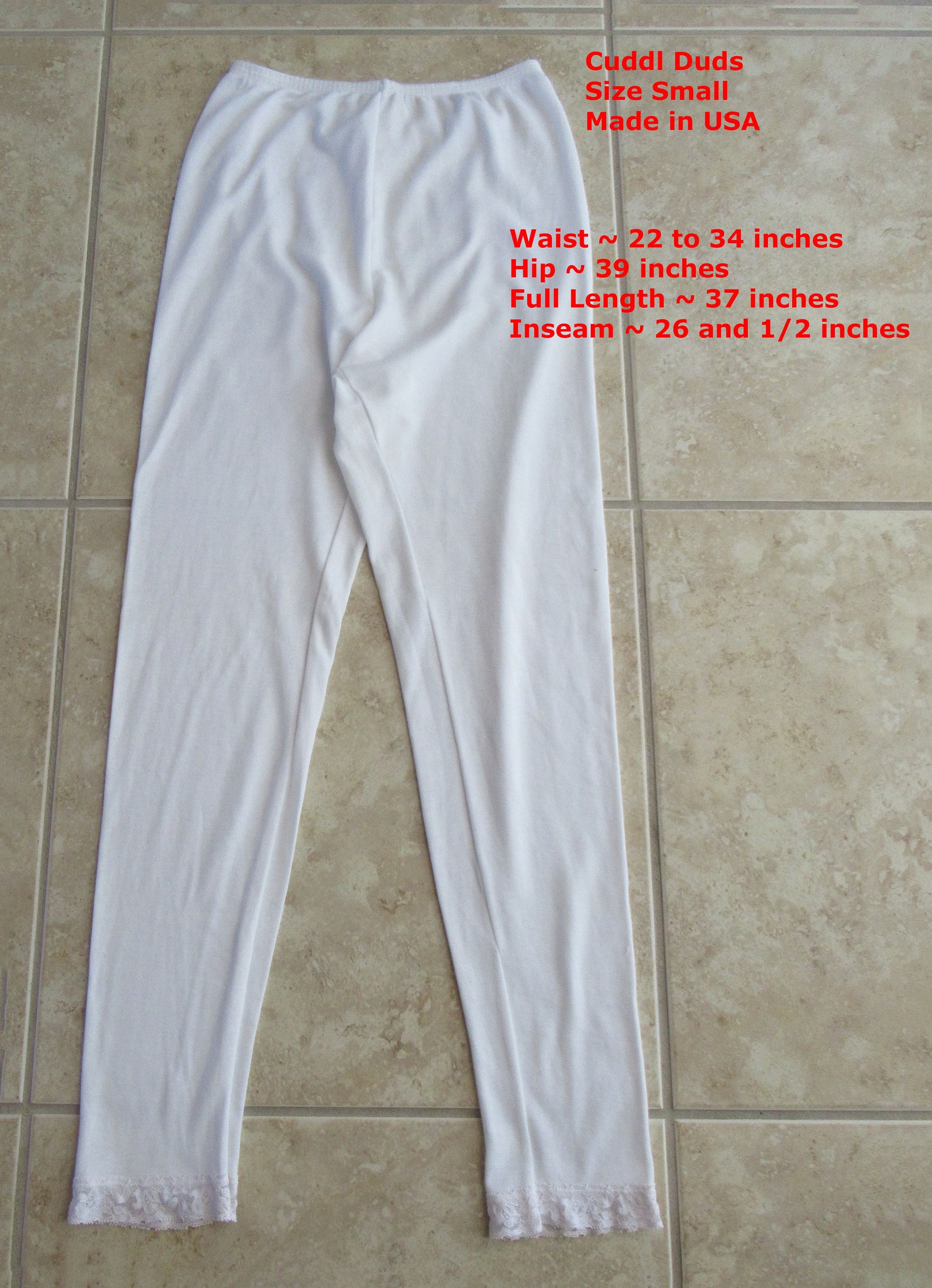 Cuddl Duds Small Pants All White Full Length with Lace Trimcuffs Cotton and Nylon Vintage Perfect for Cooler Weather by Cuddl Duds - Image 2