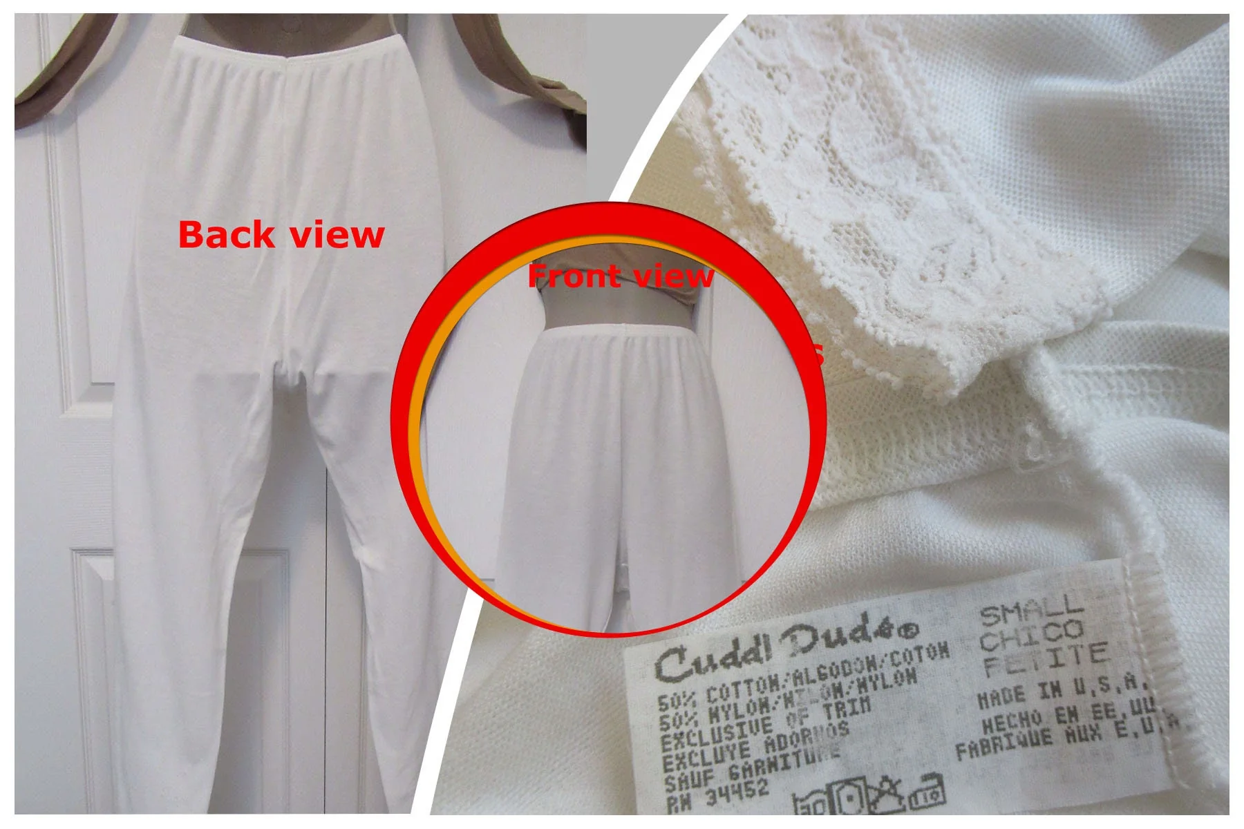 Cuddl Duds Small Pants All White Full Length with Lace Trimcuffs Cotton and Nylon Vintage Perfect for Cooler Weather by Cuddl Duds - Image 4