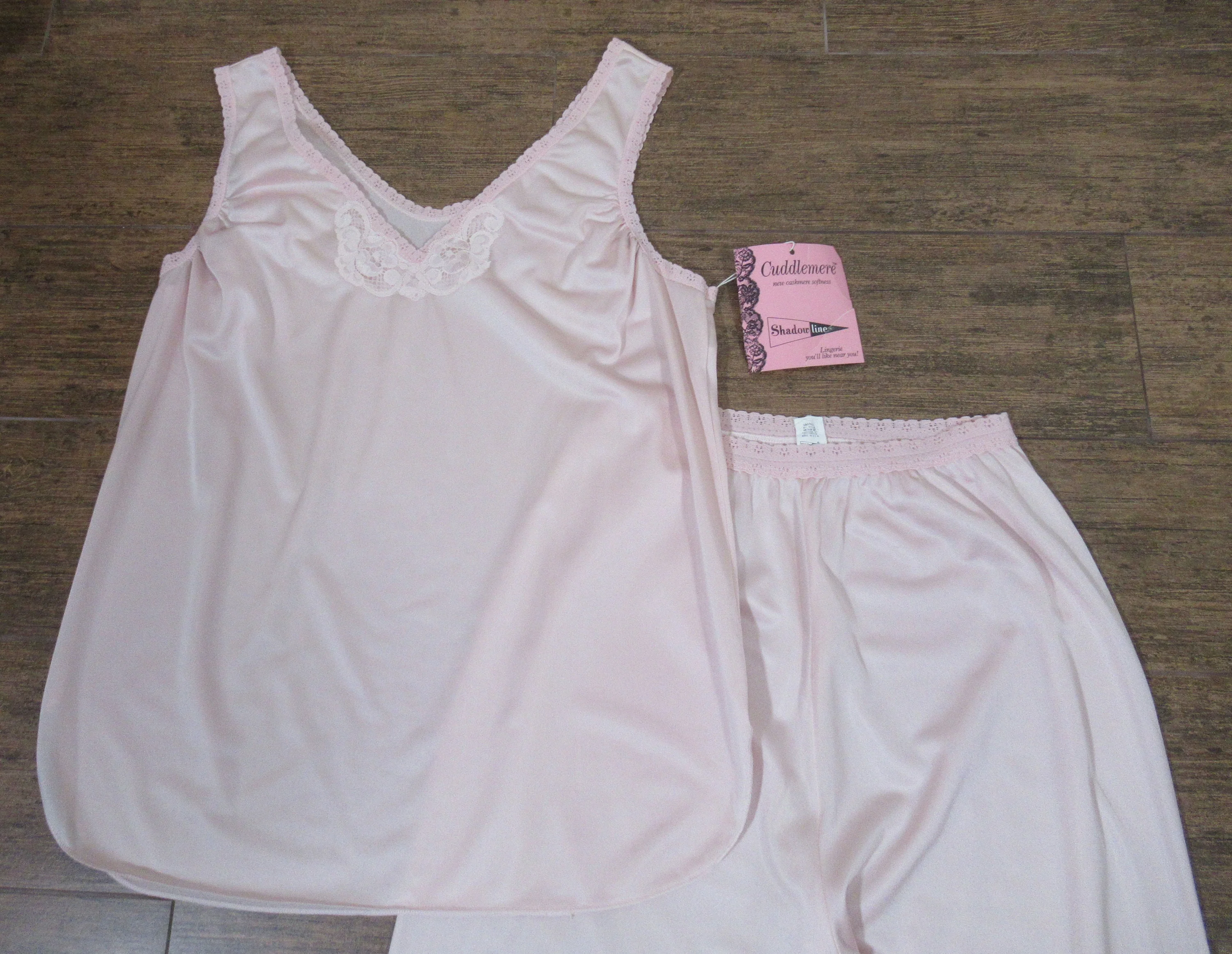 Cuddlemere Small Tank and Long Pants Pastel Pink Set Lace Trimcuffs Nylon Vintage by Cuddlemere - Image 10