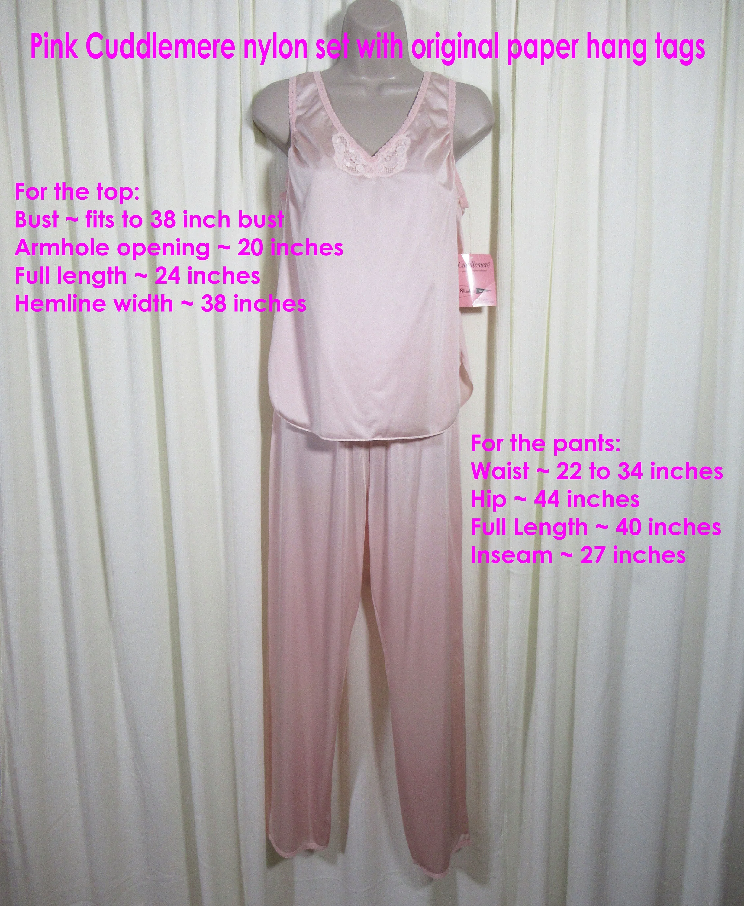 Cuddlemere Small Tank and Long Pants Pastel Pink Set Lace Trimcuffs Nylon Vintage by Cuddlemere - Image 3