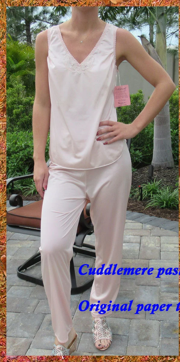 Cuddlemere Small Tank and Long Pants Pastel Pink Set Lace Trimcuffs Nylon Vintage by Cuddlemere - Image 6