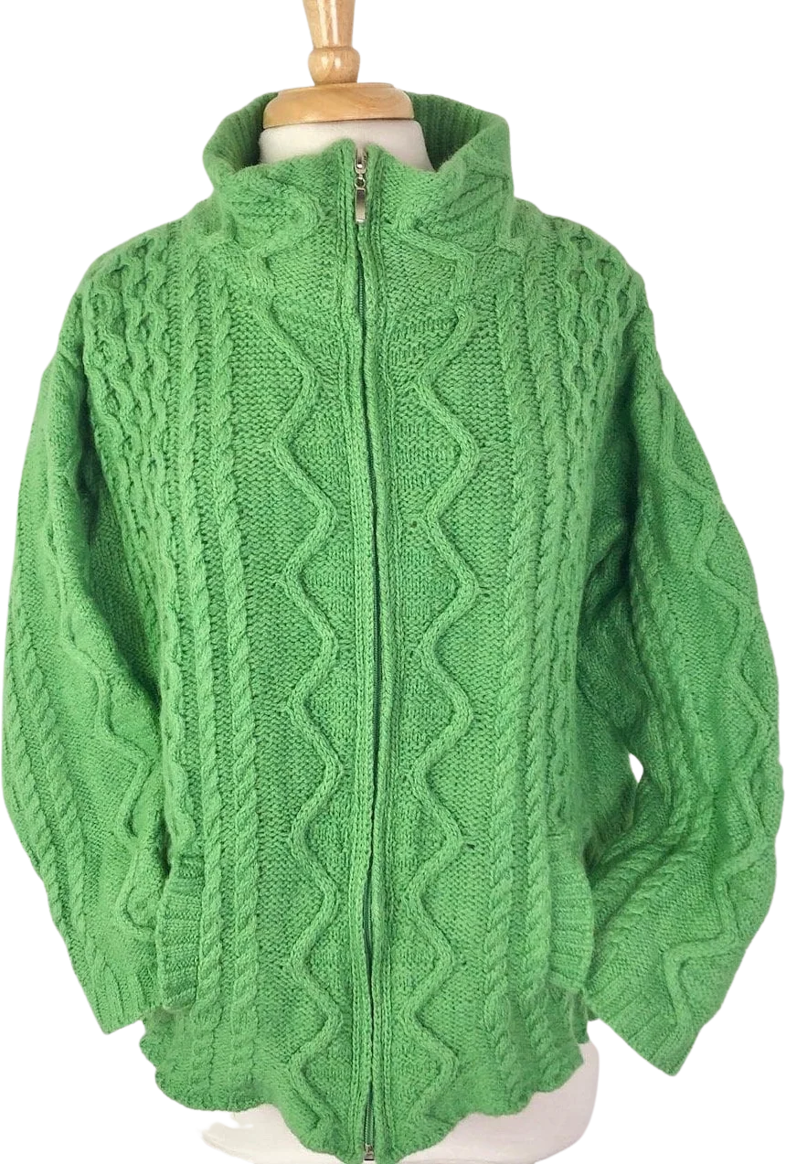 Curvy Xl Green Merino Wool Zip Up Sweater Jacket by Arancraft