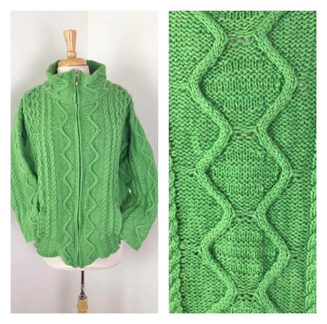 Curvy Xl Green Merino Wool Zip Up Sweater Jacket by Arancraft - Image 3