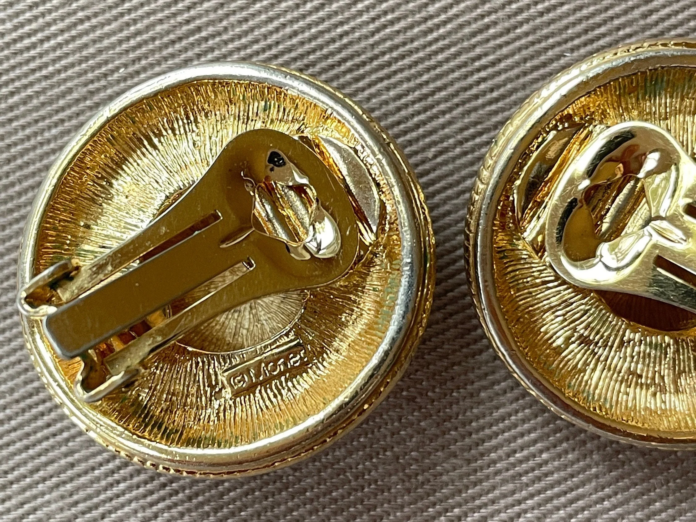 Cute Signed Antique Gold Button Clip On Statement Earrings by Monet - Image 5