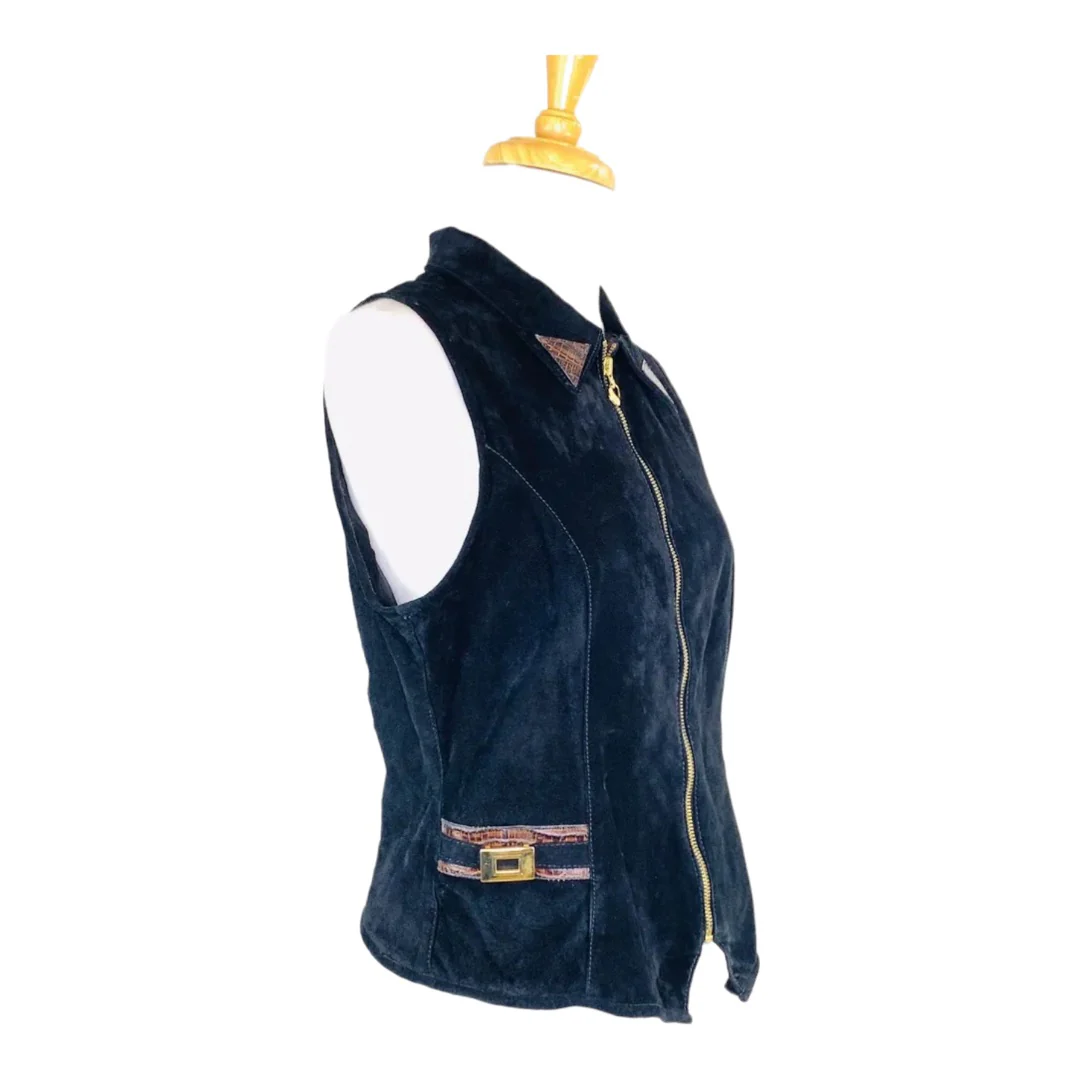 Dallas Suede Biker Vest Croc Leather Trim Vintage Full Zip M Usa by St Maarten - Image 3