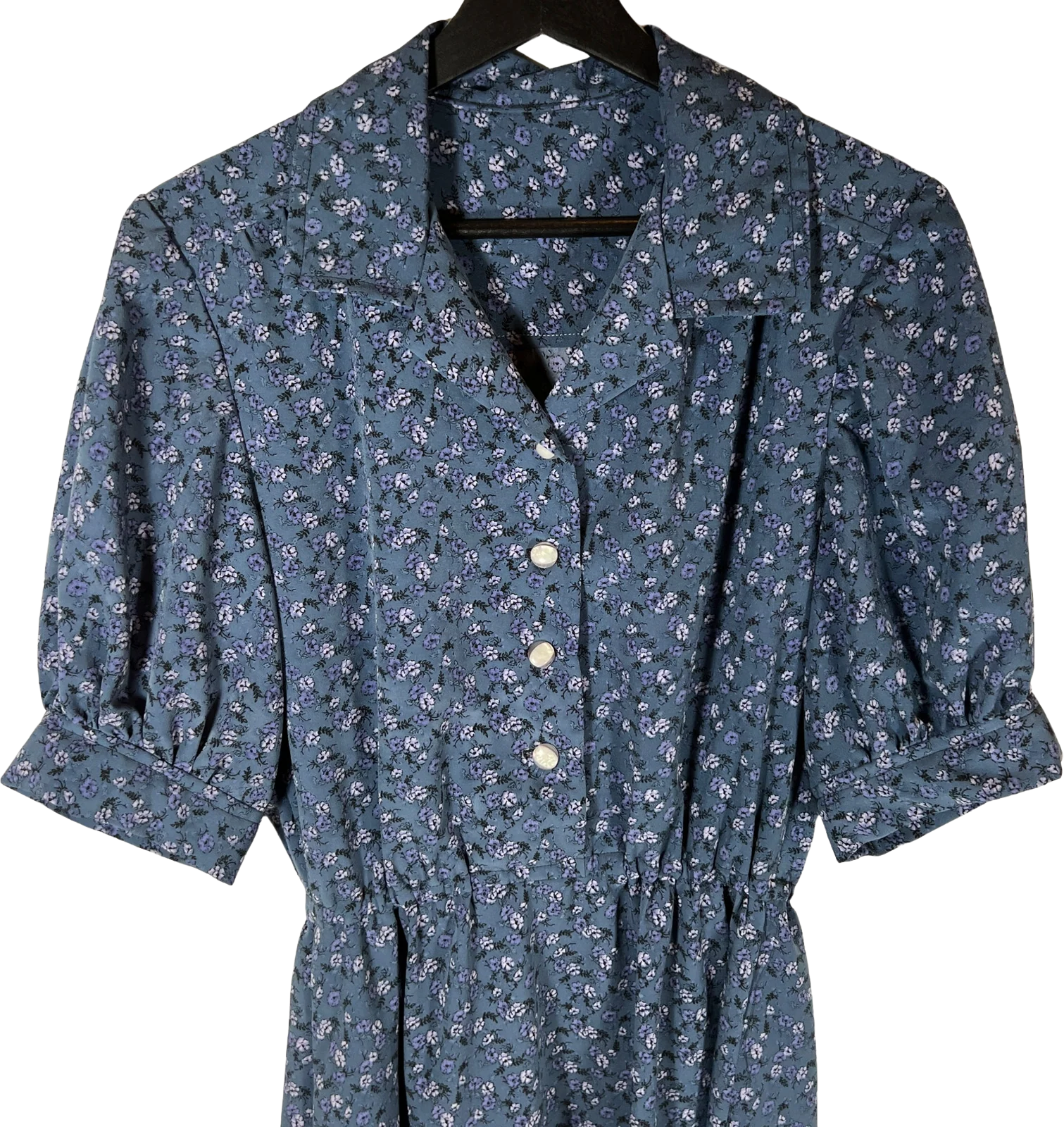 Dark Blue Floral Shirt Dress Handmade Puff Sleeve - Image 2