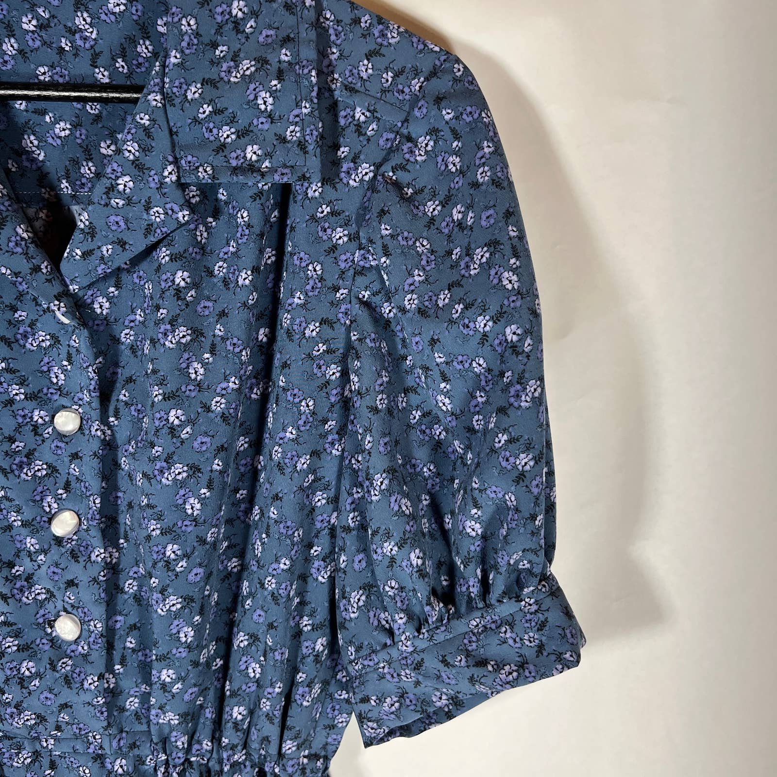 Dark Blue Floral Shirt Dress Handmade Puff Sleeve - Image 6