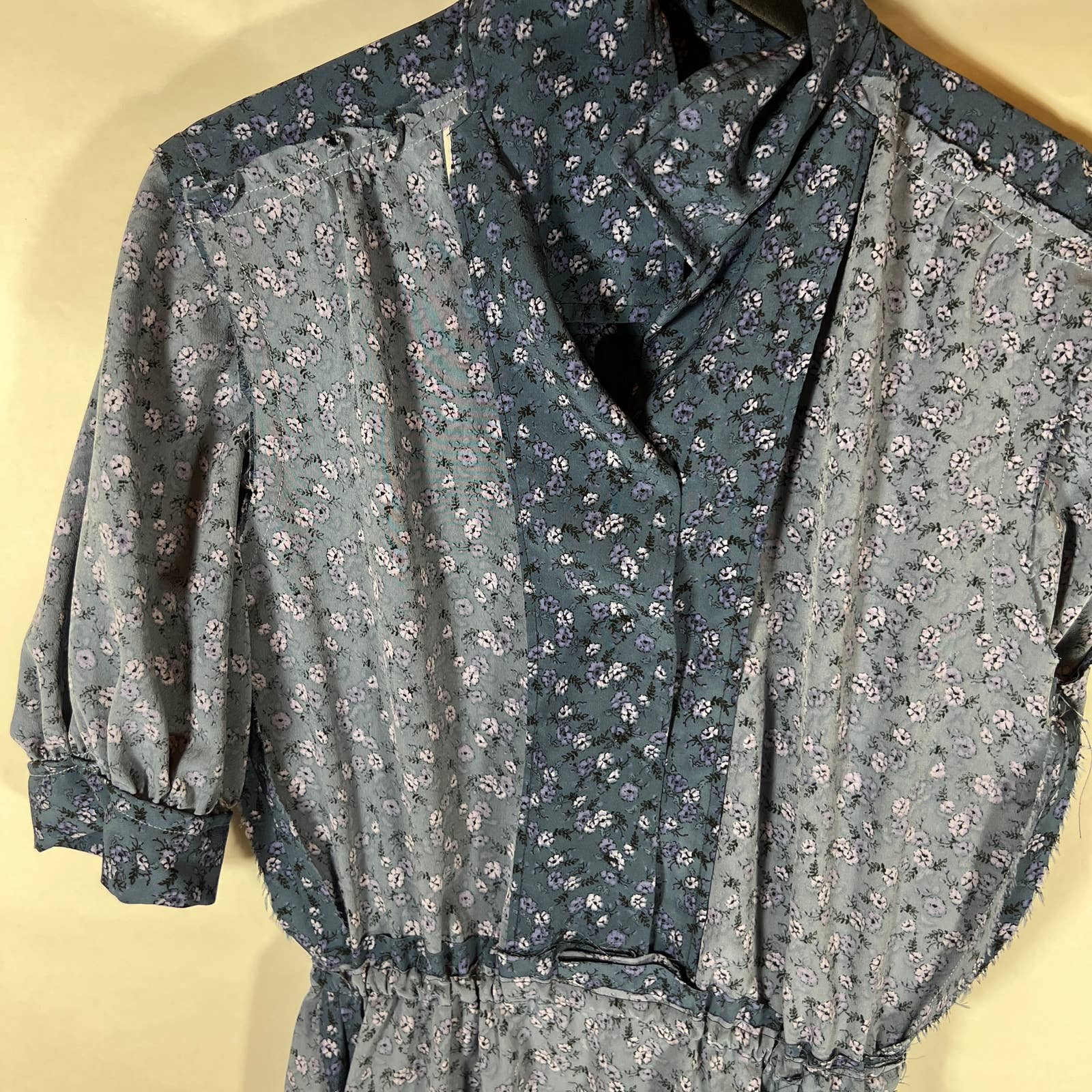 Dark Blue Floral Shirt Dress Handmade Puff Sleeve - Image 8