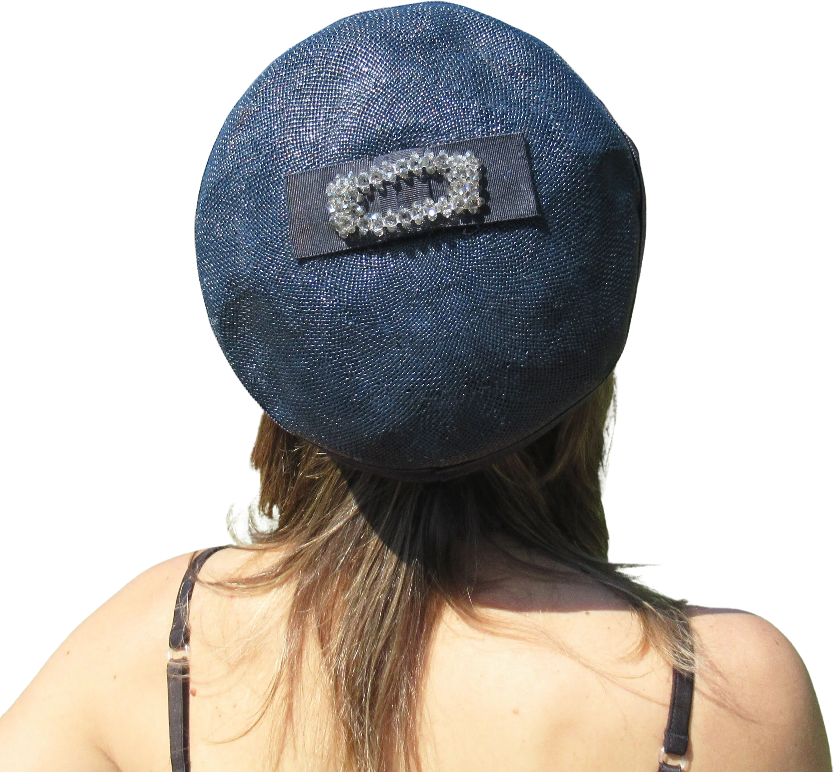 Dark Navy Blue Pillbox Hat Top Flat Bow W Clear Crystals Union Tag No Intact Logo