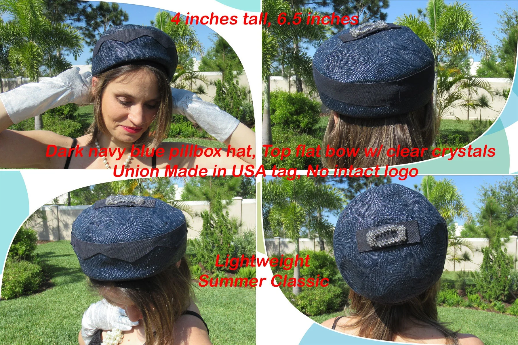 Dark Navy Blue Pillbox Hat Top Flat Bow W Clear Crystals Union Tag No Intact Logo - Image 3