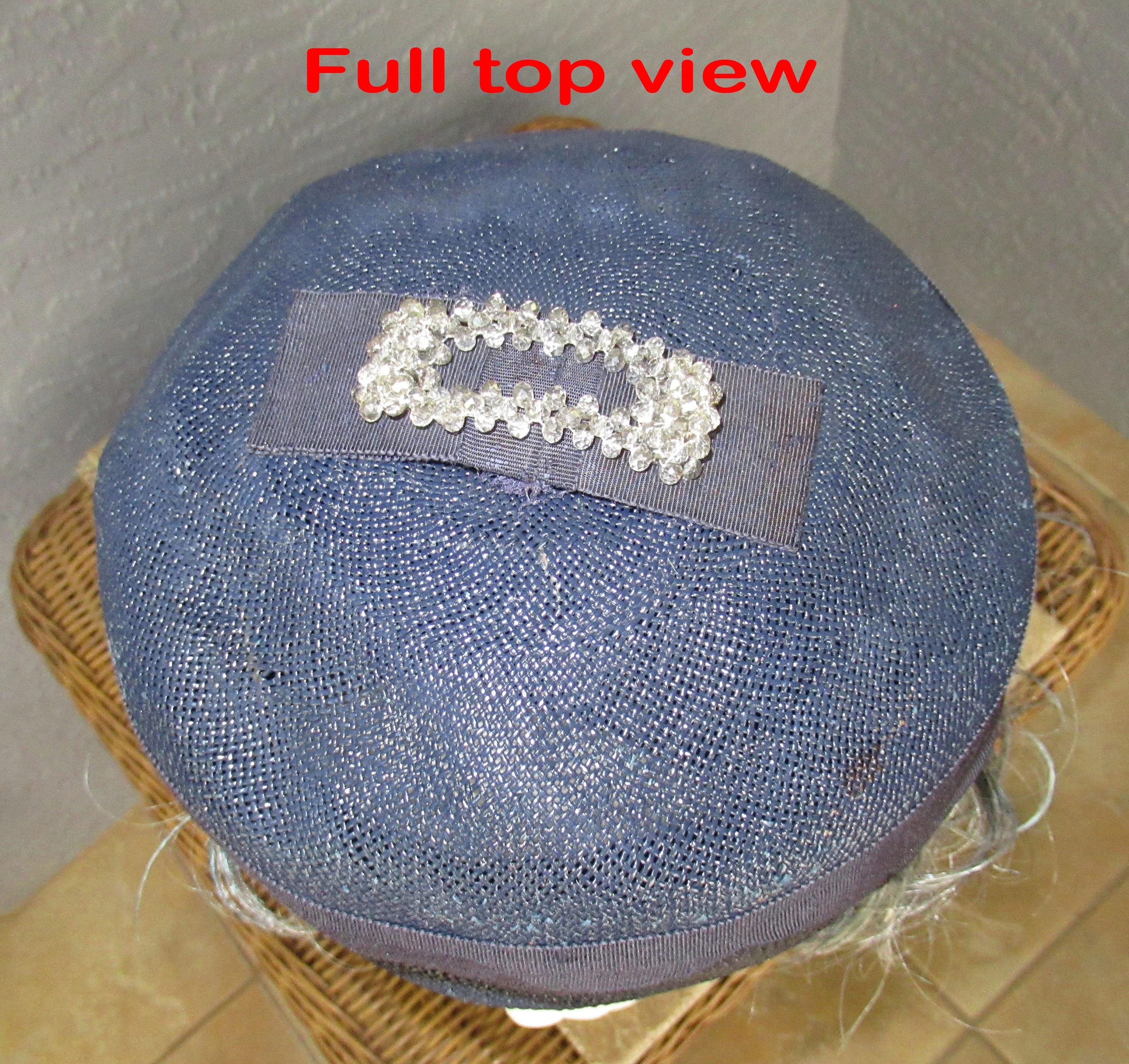 Dark Navy Blue Pillbox Hat Top Flat Bow W Clear Crystals Union Tag No Intact Logo - Image 4