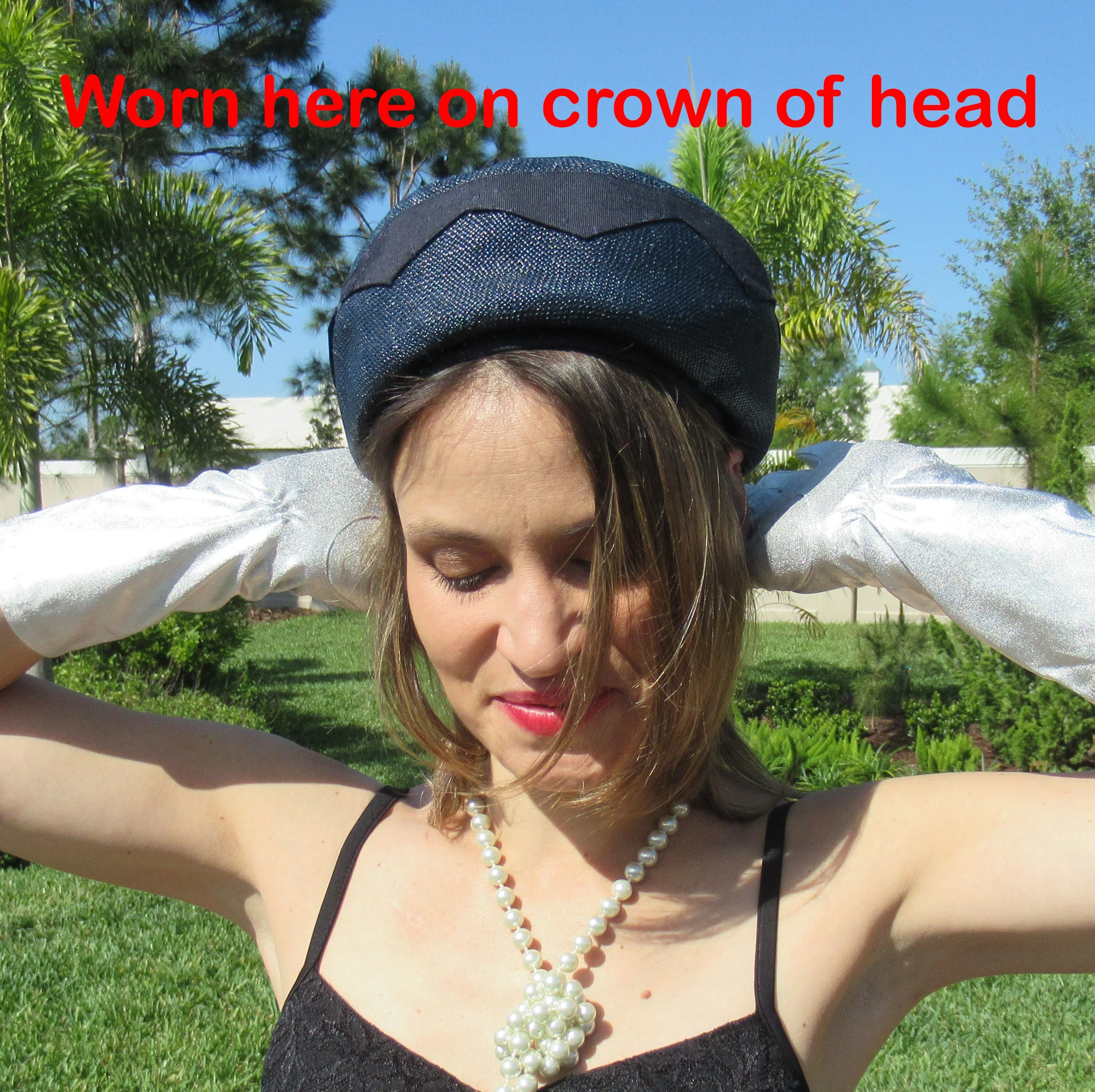 Dark Navy Blue Pillbox Hat Top Flat Bow W Clear Crystals Union Tag No Intact Logo - Image 5