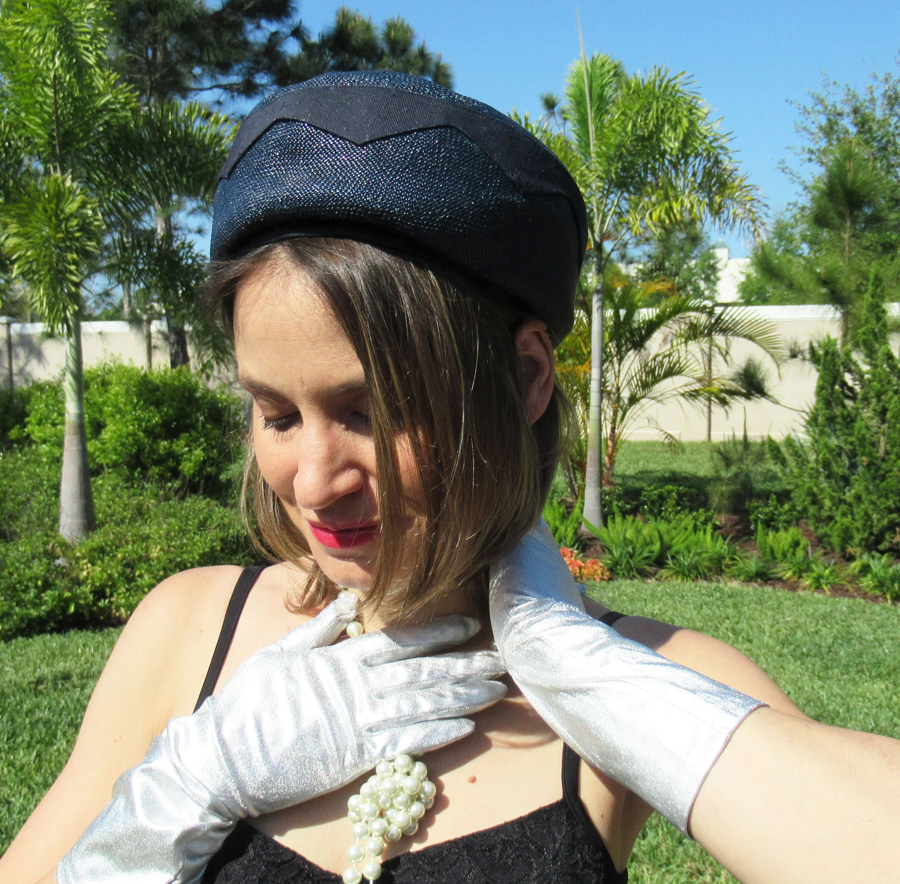 Dark Navy Blue Pillbox Hat Top Flat Bow W Clear Crystals Union Tag No Intact Logo - Image 7