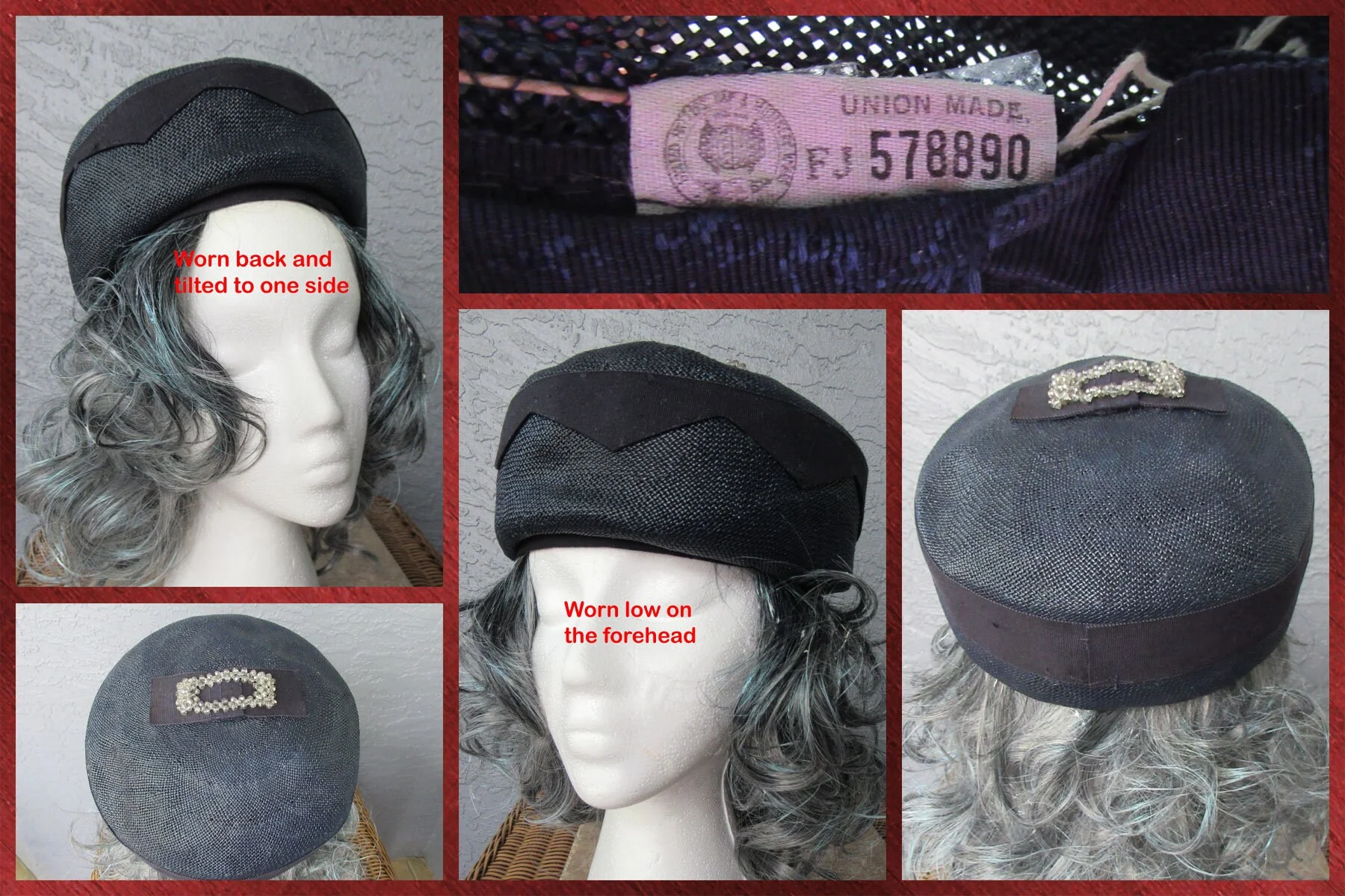 Dark Navy Blue Pillbox Hat Top Flat Bow W Clear Crystals Union Tag No Intact Logo - Image 9