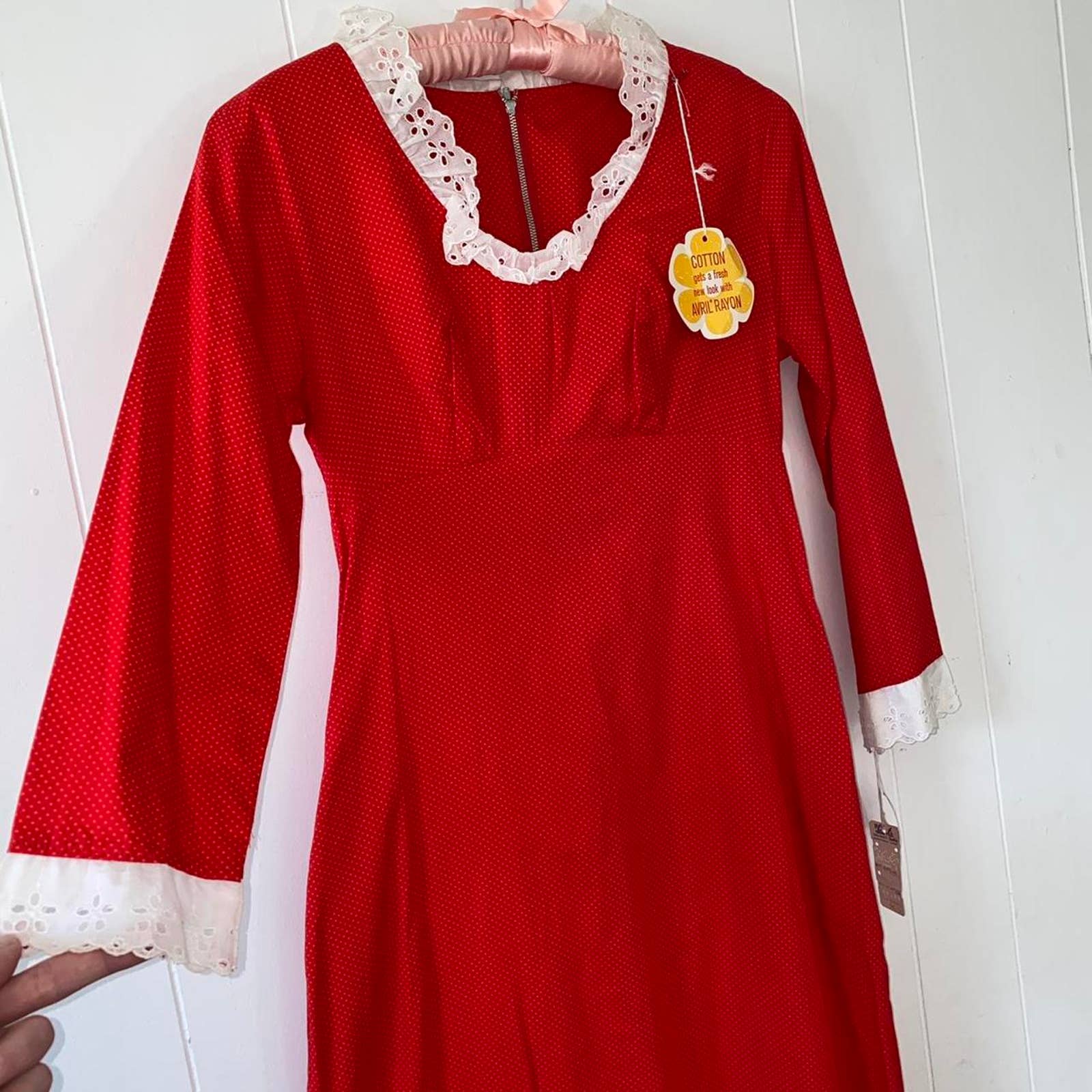 Deadstock 60s Red and Pink Polka Dot Empire Waist Scoop Neck Maxi Dress - Image 3