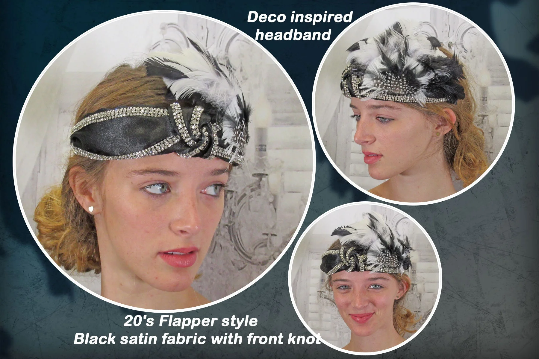 Deco Inspired Headband 20s Flapper Style Black Feathers and Clear Rhinestones Black Satin Fabric with Front Knot Use As Headband Or Forehead - Image 3