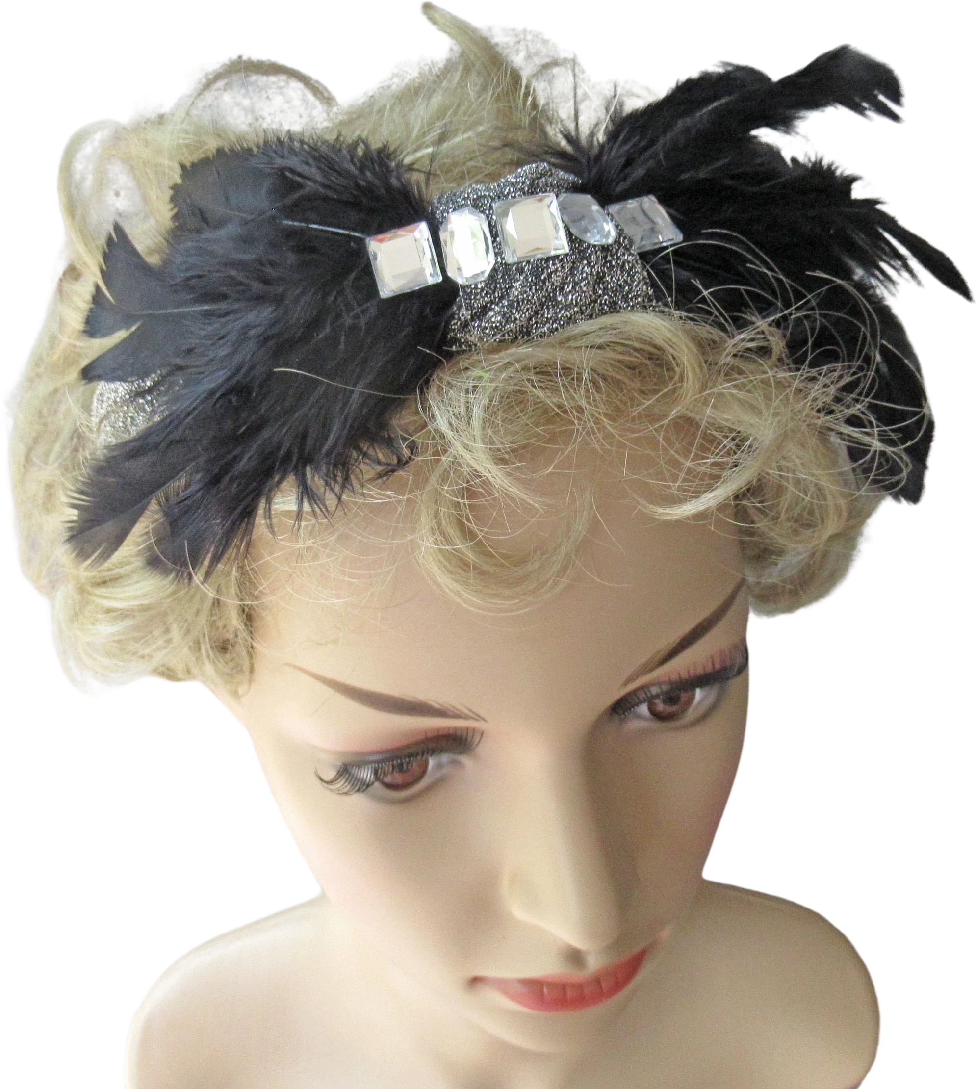 Deco Inspired Headband 20s Flapper Style Black Feathers and Clear Rhinestones Blacksilver Metallic Fabric Use As Headband Or On Forehead