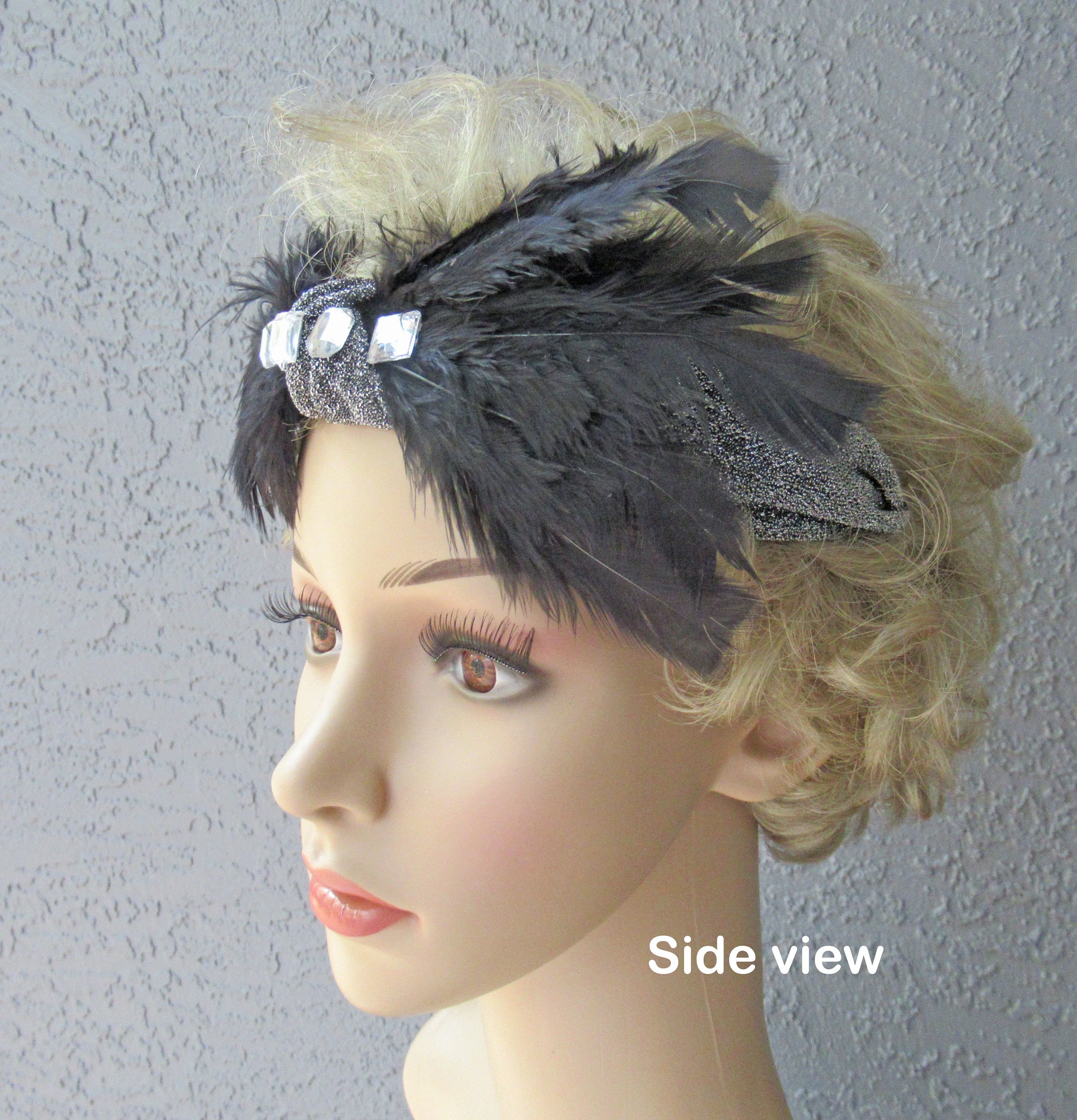 Deco Inspired Headband 20s Flapper Style Black Feathers and Clear Rhinestones Blacksilver Metallic Fabric Use As Headband Or On Forehead - Image 10