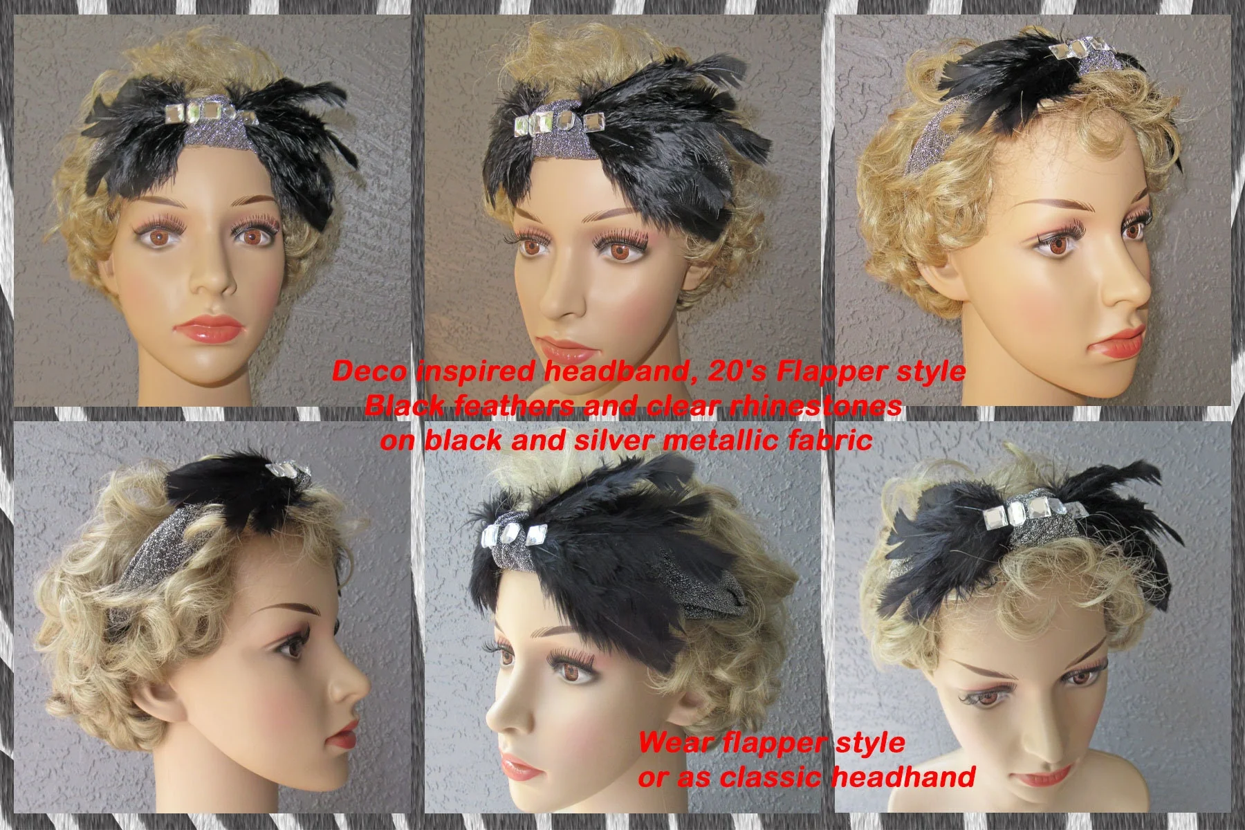 Deco Inspired Headband 20s Flapper Style Black Feathers and Clear Rhinestones Blacksilver Metallic Fabric Use As Headband Or On Forehead - Image 2