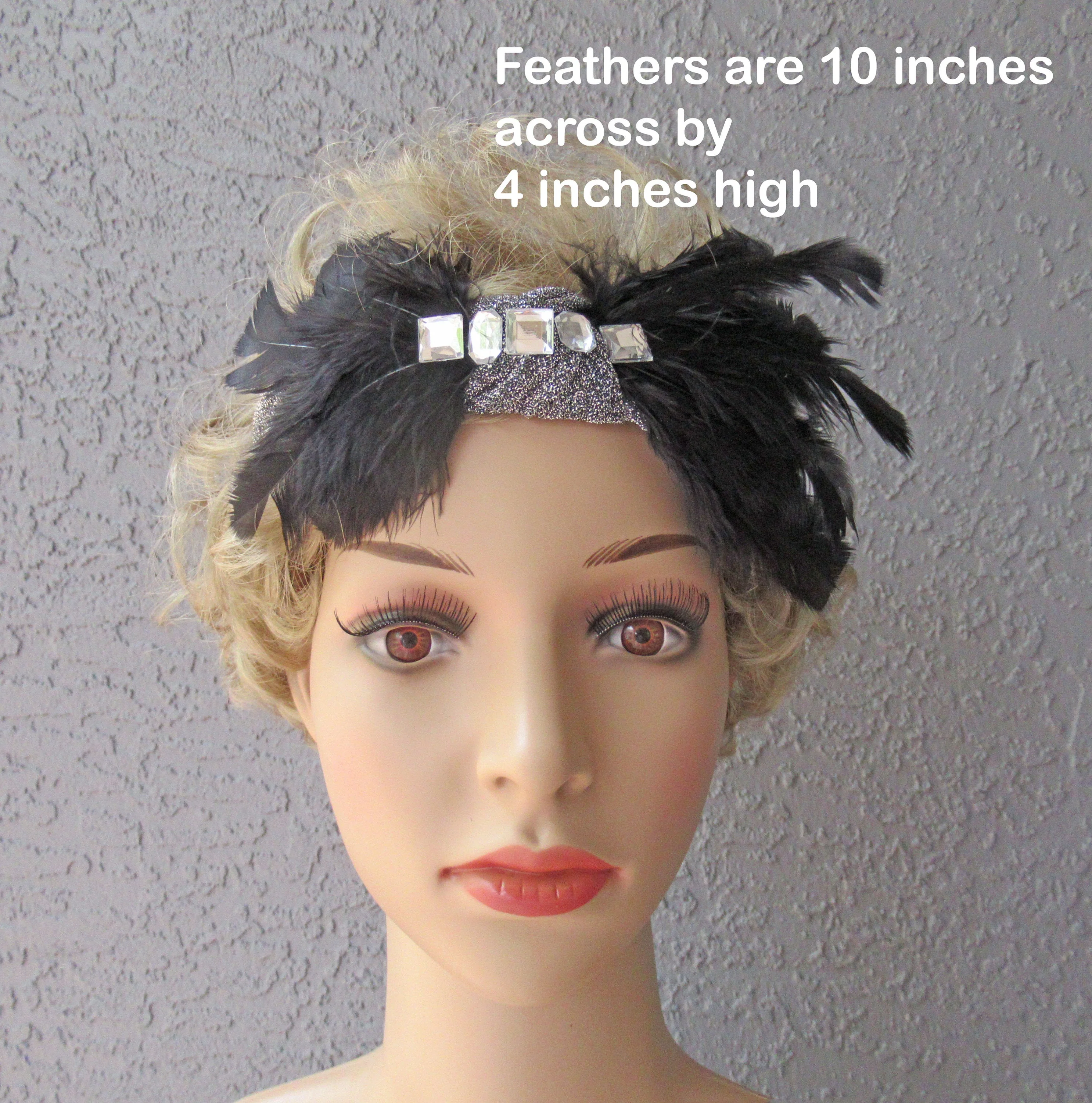 Deco Inspired Headband 20s Flapper Style Black Feathers and Clear Rhinestones Blacksilver Metallic Fabric Use As Headband Or On Forehead - Image 8