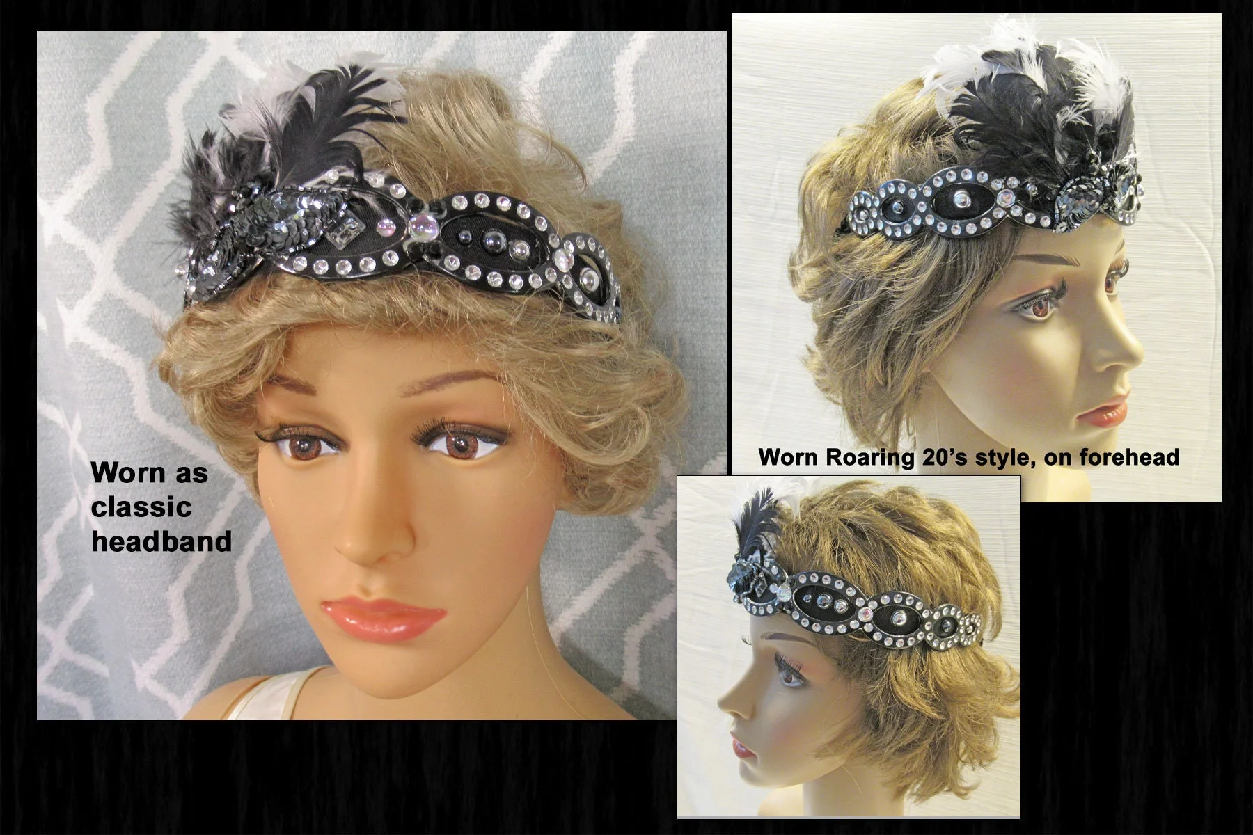 Deco Inspired Headband Black with Lots of Rhinestones 20s Flapper Style Black and White Feathers Easy To Wear As Headband Too - Image 2