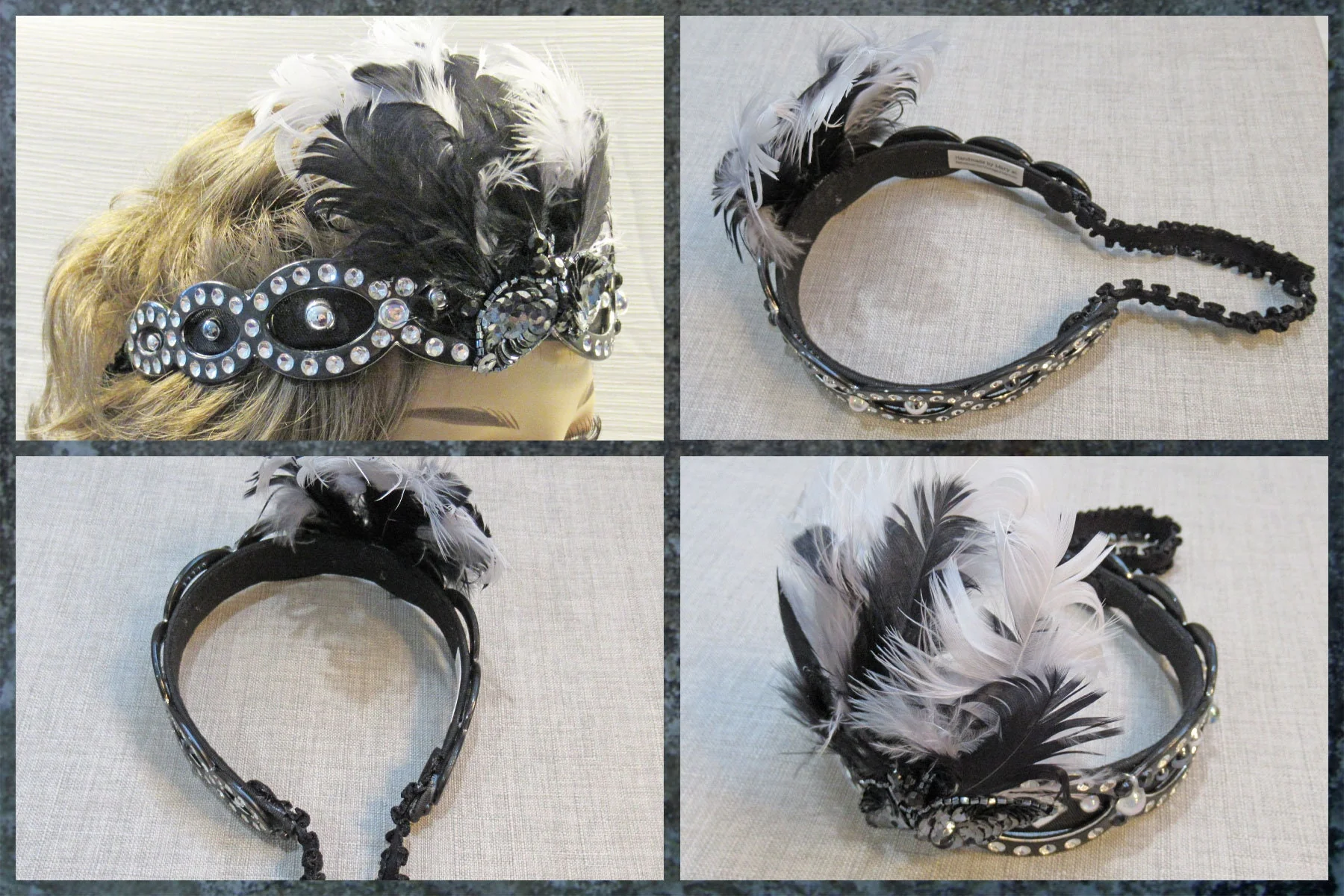 Deco Inspired Headband Black with Lots of Rhinestones 20s Flapper Style Black and White Feathers Easy To Wear As Headband Too - Image 6