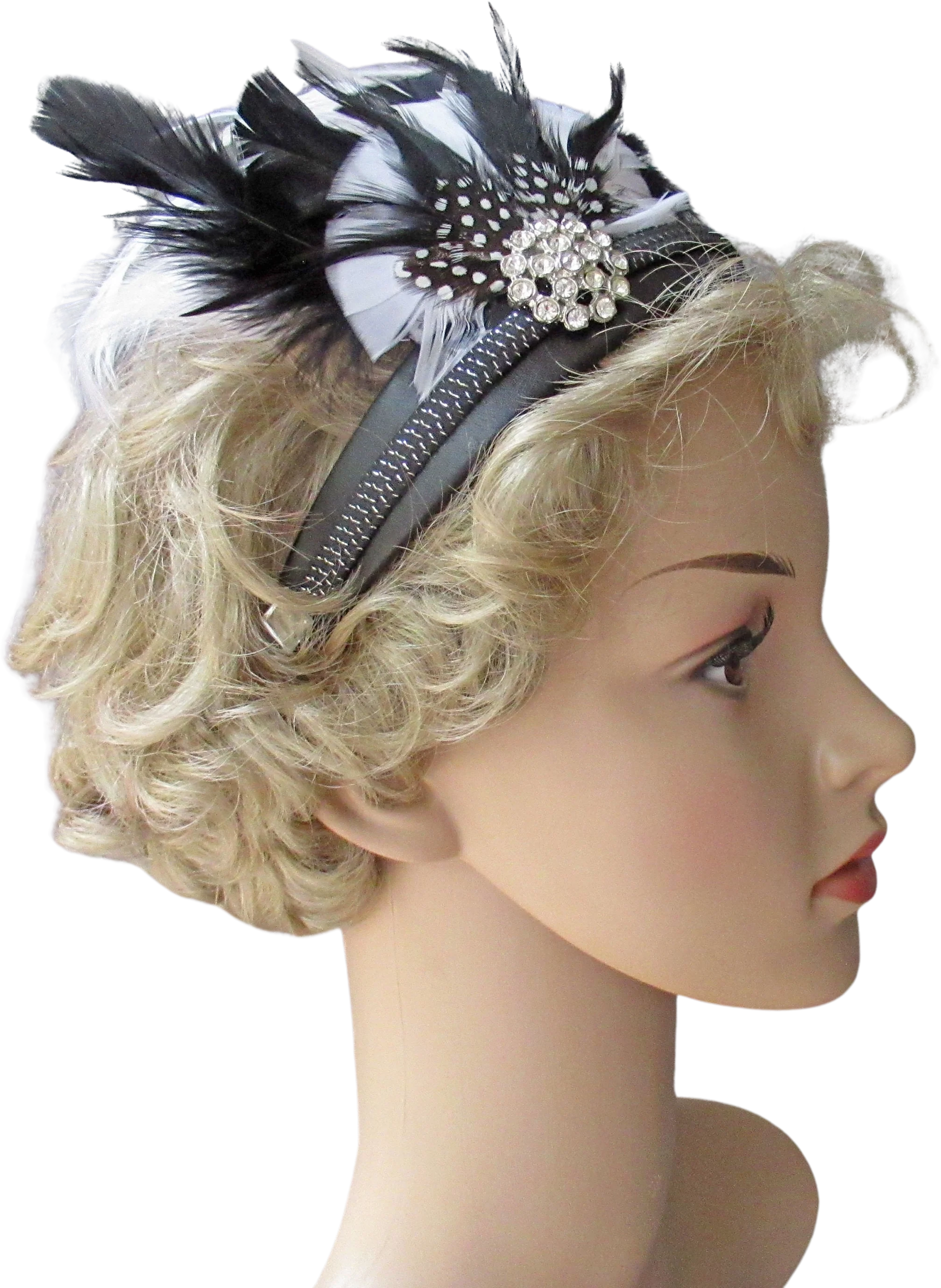Deco Inspired Headband Or Fascinator Multiple Layers of Black White Feathers Plus Rhinestone Trim Black Band Headband Or On Forehead
