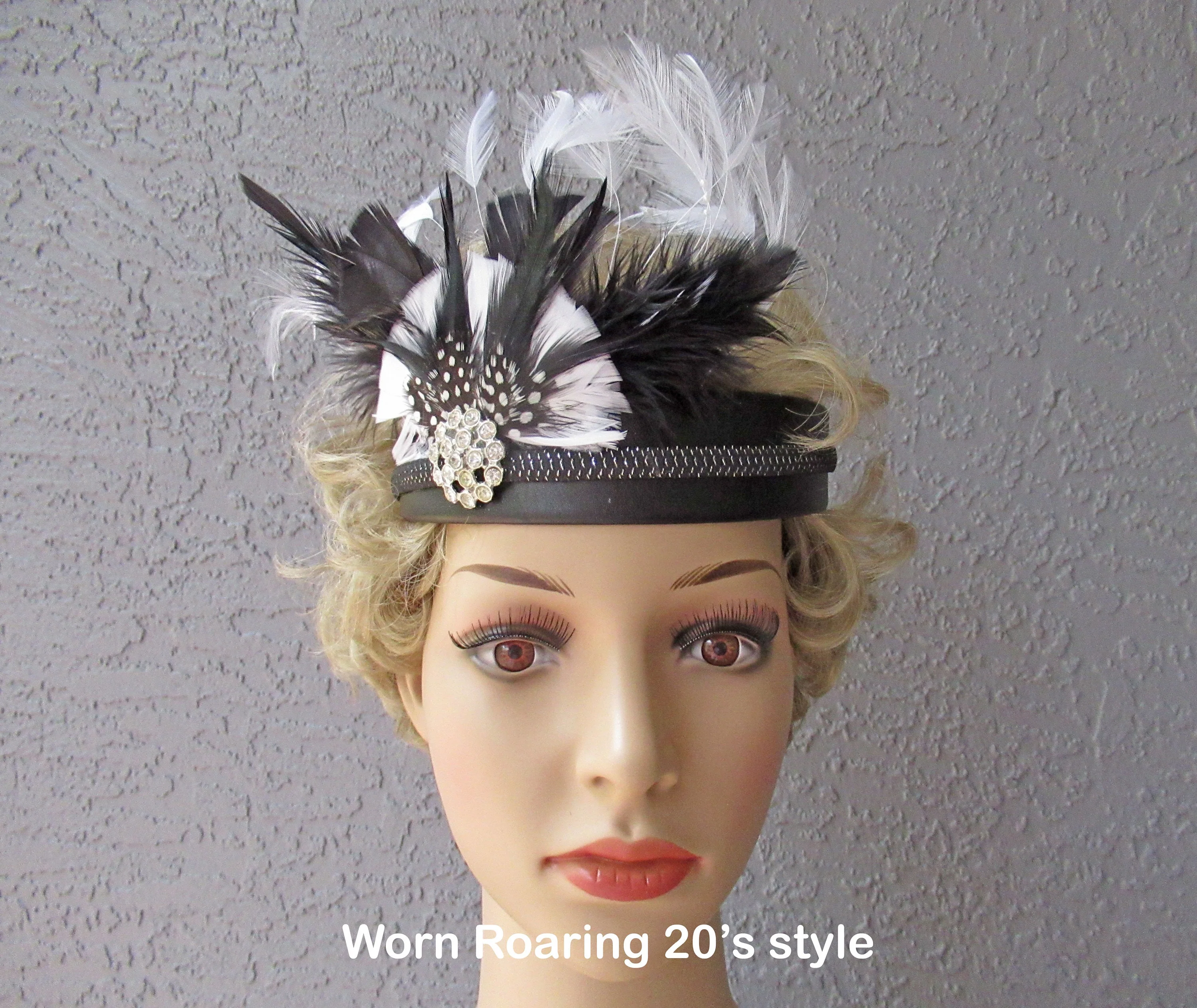 Deco Inspired Headband Or Fascinator Multiple Layers of Black White Feathers Plus Rhinestone Trim Black Band Headband Or On Forehead - Image 2