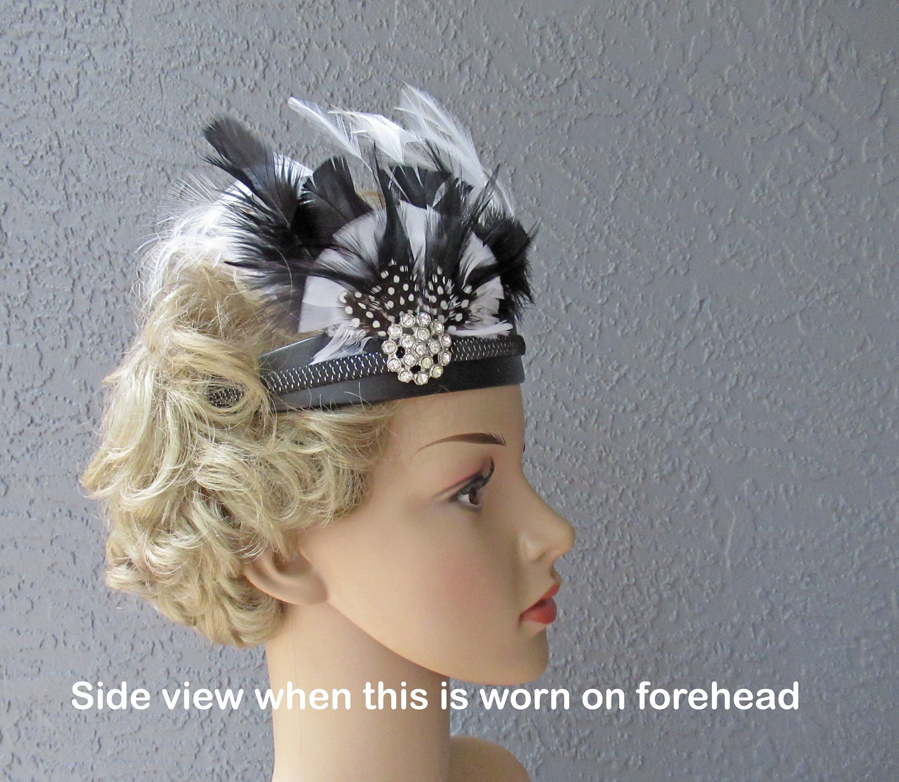 Deco Inspired Headband Or Fascinator Multiple Layers of Black White Feathers Plus Rhinestone Trim Black Band Headband Or On Forehead - Image 4