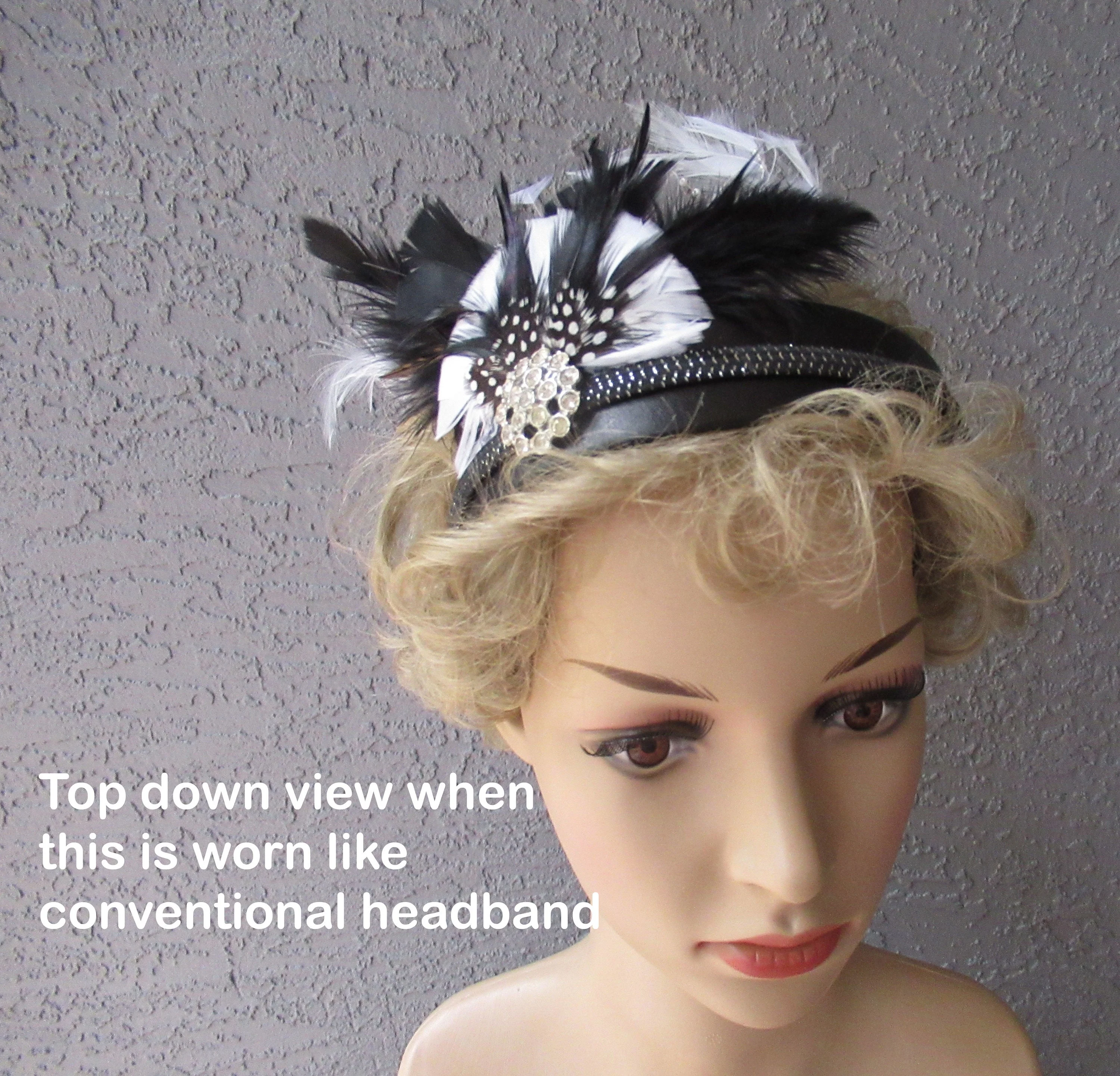Deco Inspired Headband Or Fascinator Multiple Layers of Black White Feathers Plus Rhinestone Trim Black Band Headband Or On Forehead - Image 5