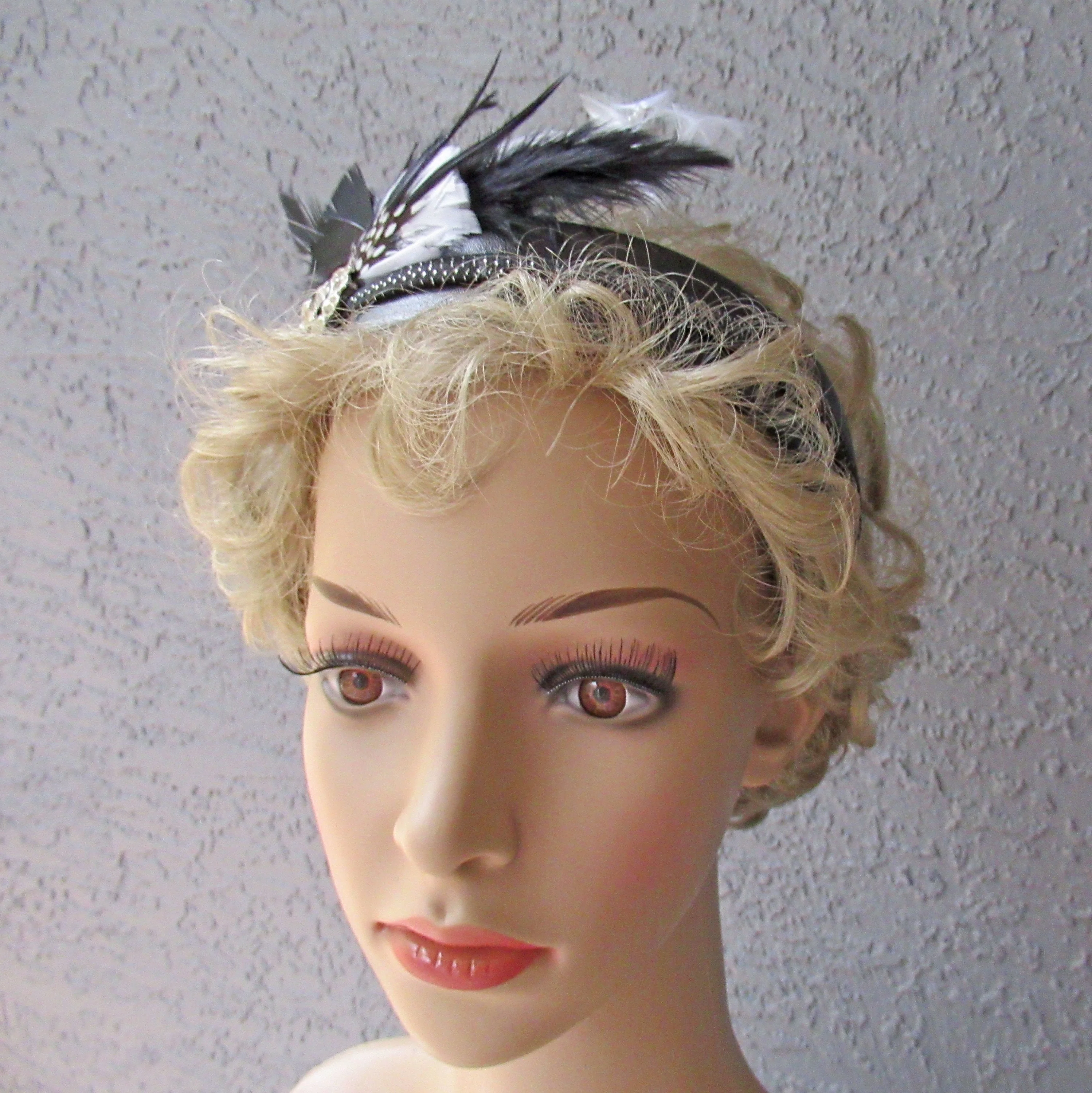Deco Inspired Headband Or Fascinator Multiple Layers of Black White Feathers Plus Rhinestone Trim Black Band Headband Or On Forehead - Image 6