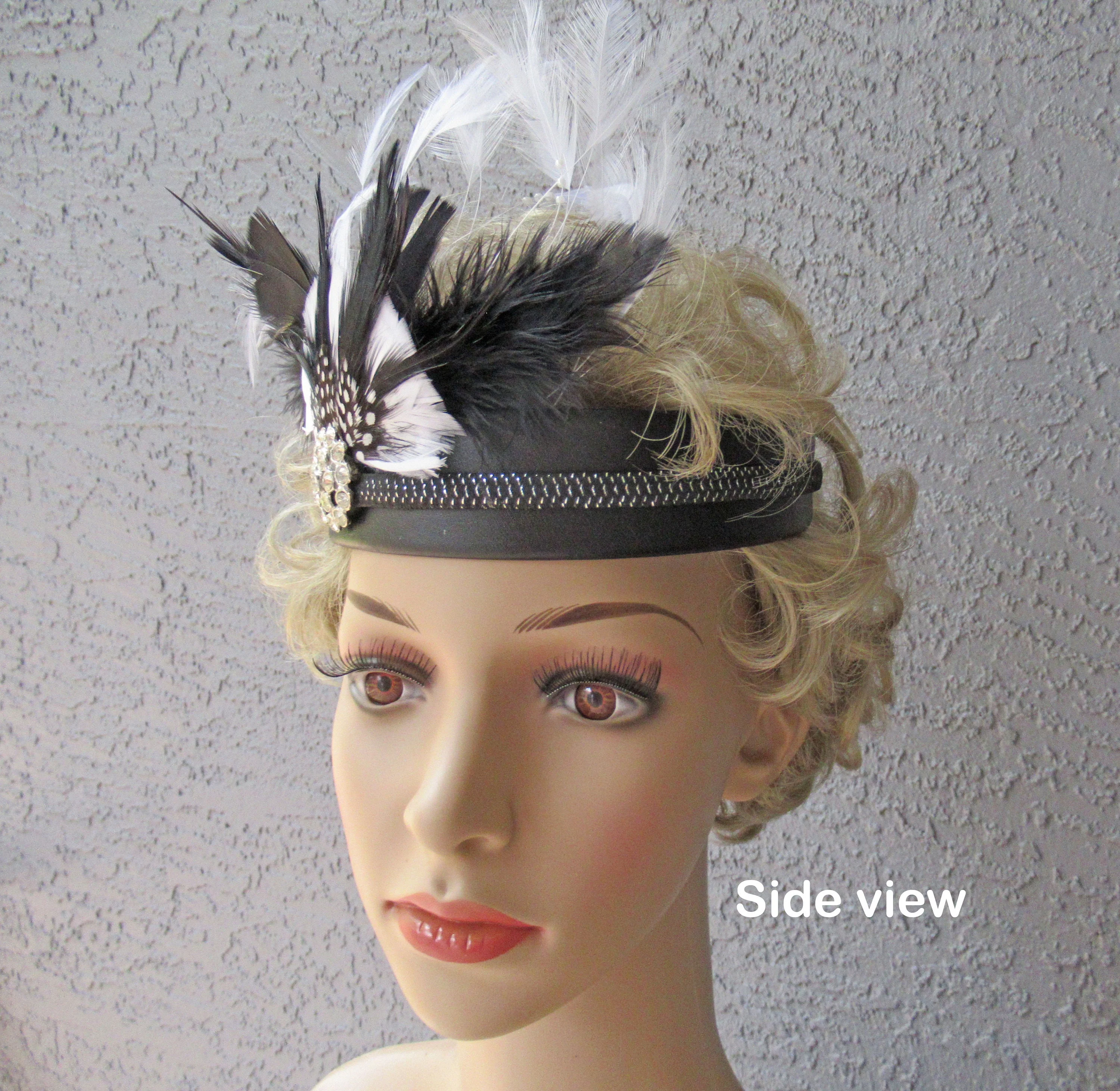 Deco Inspired Headband Or Fascinator Multiple Layers of Black White Feathers Plus Rhinestone Trim Black Band Headband Or On Forehead - Image 7