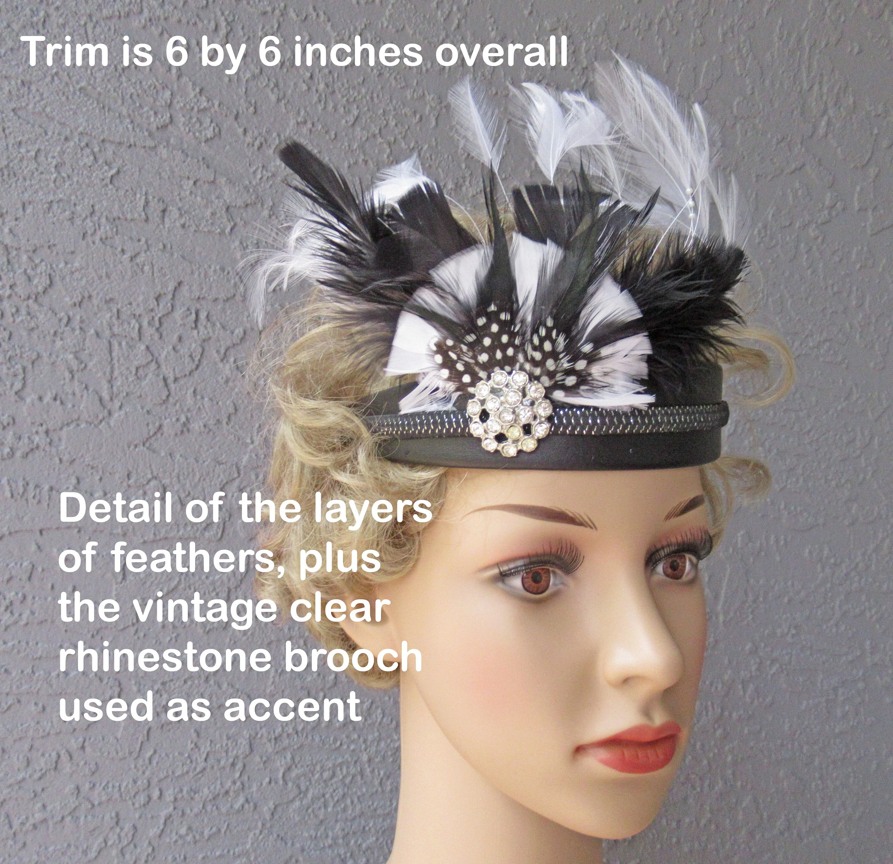 Deco Inspired Headband Or Fascinator Multiple Layers of Black White Feathers Plus Rhinestone Trim Black Band Headband Or On Forehead - Image 8
