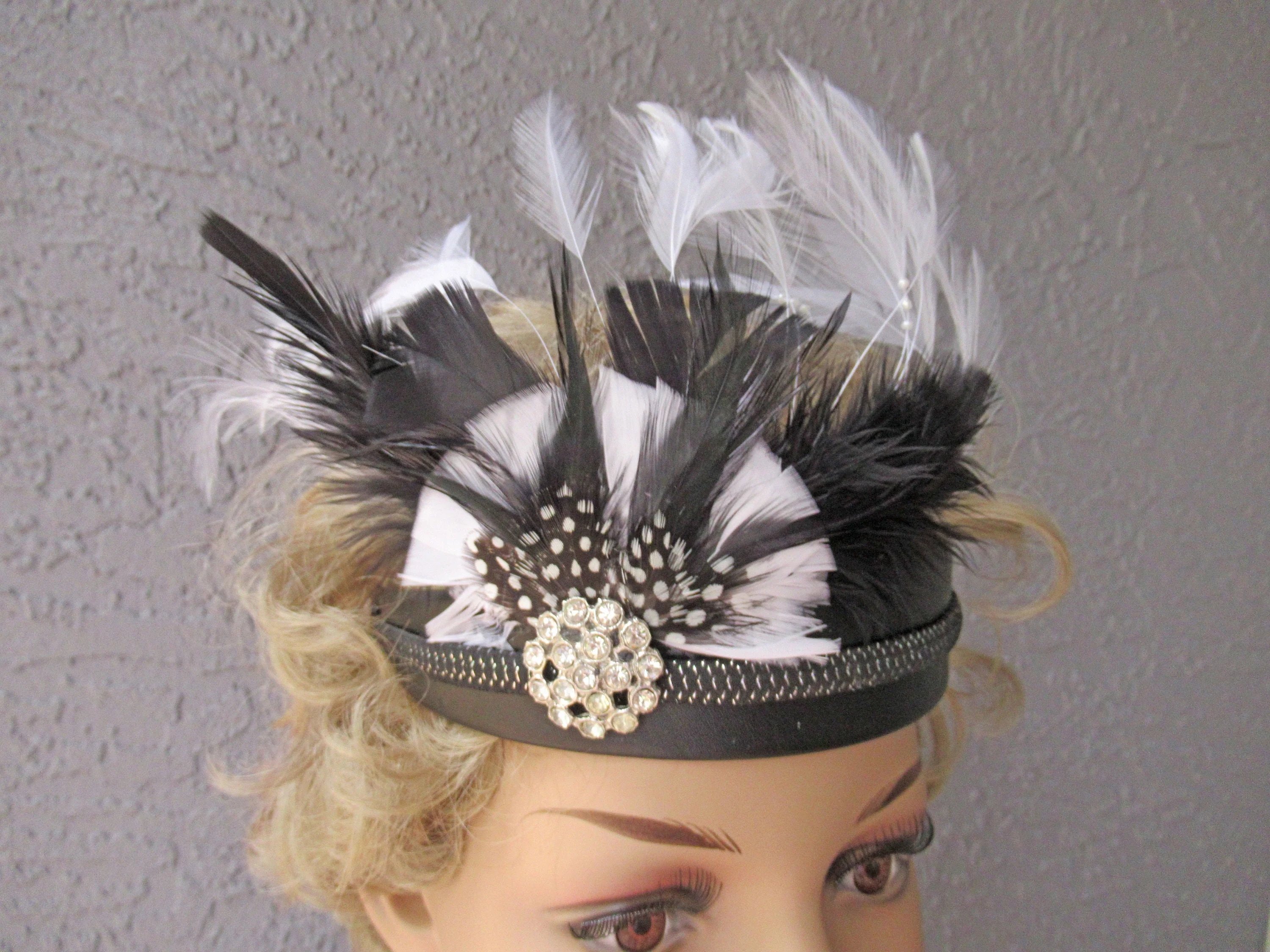 Deco Inspired Headband Or Fascinator Multiple Layers of Black White Feathers Plus Rhinestone Trim Black Band Headband Or On Forehead - Image 9