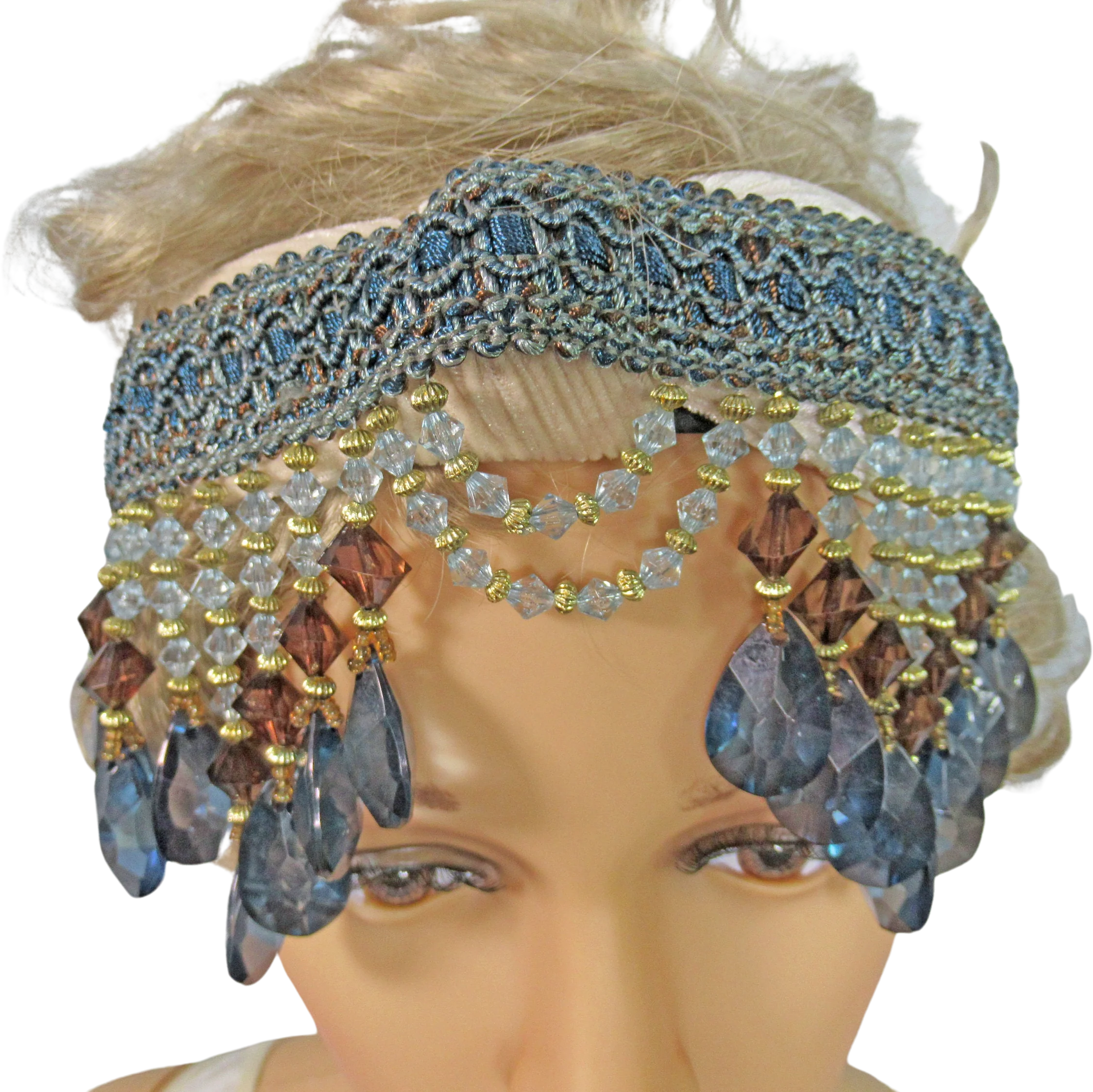 Deco Style Headband Dangling Purple Blue Clear and Gold Graduated Beads and Blue Trim Beads with No Feathers Flapper 20s Style