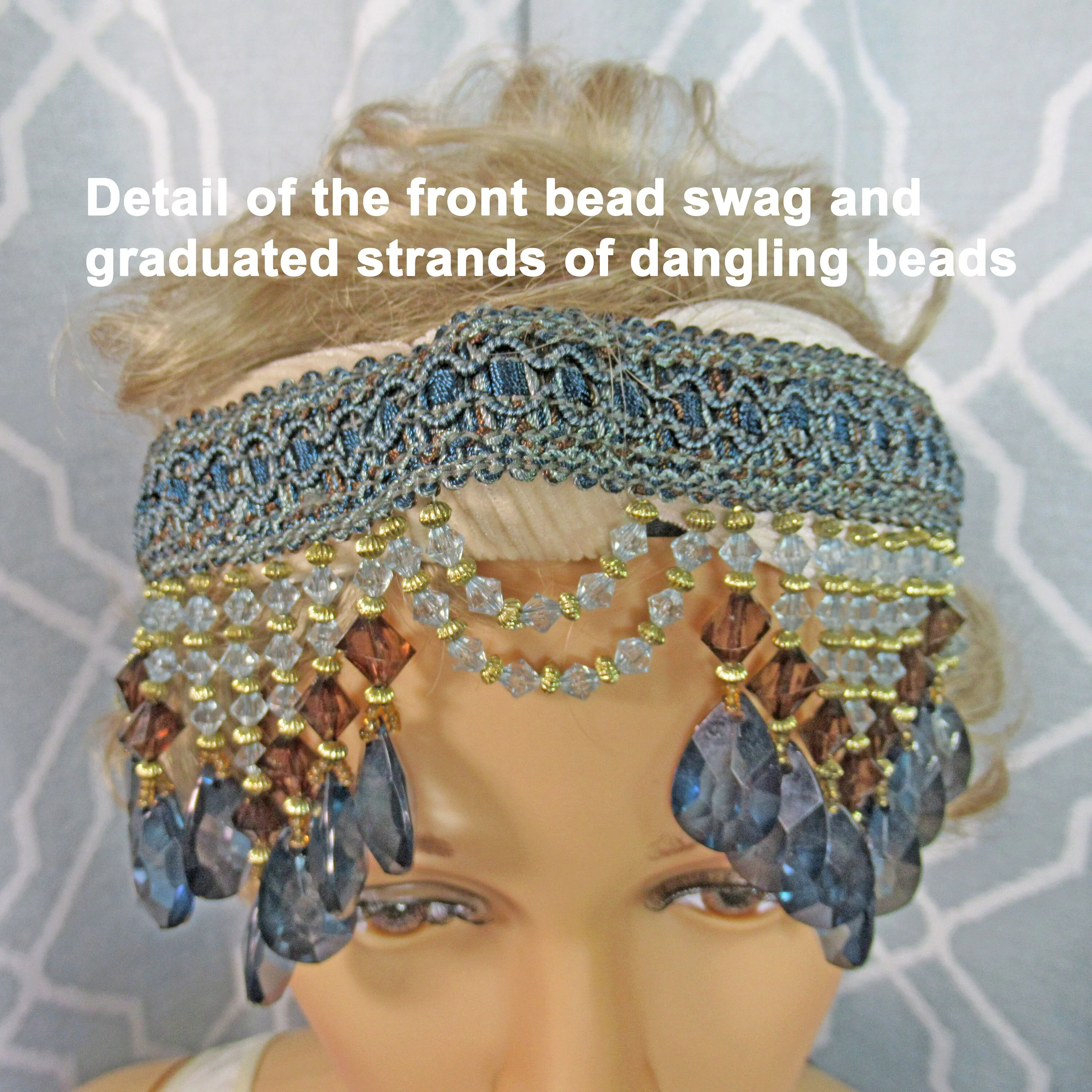 Deco Style Headband Dangling Purple Blue Clear and Gold Graduated Beads and Blue Trim Beads with No Feathers Flapper 20s Style - Image 10