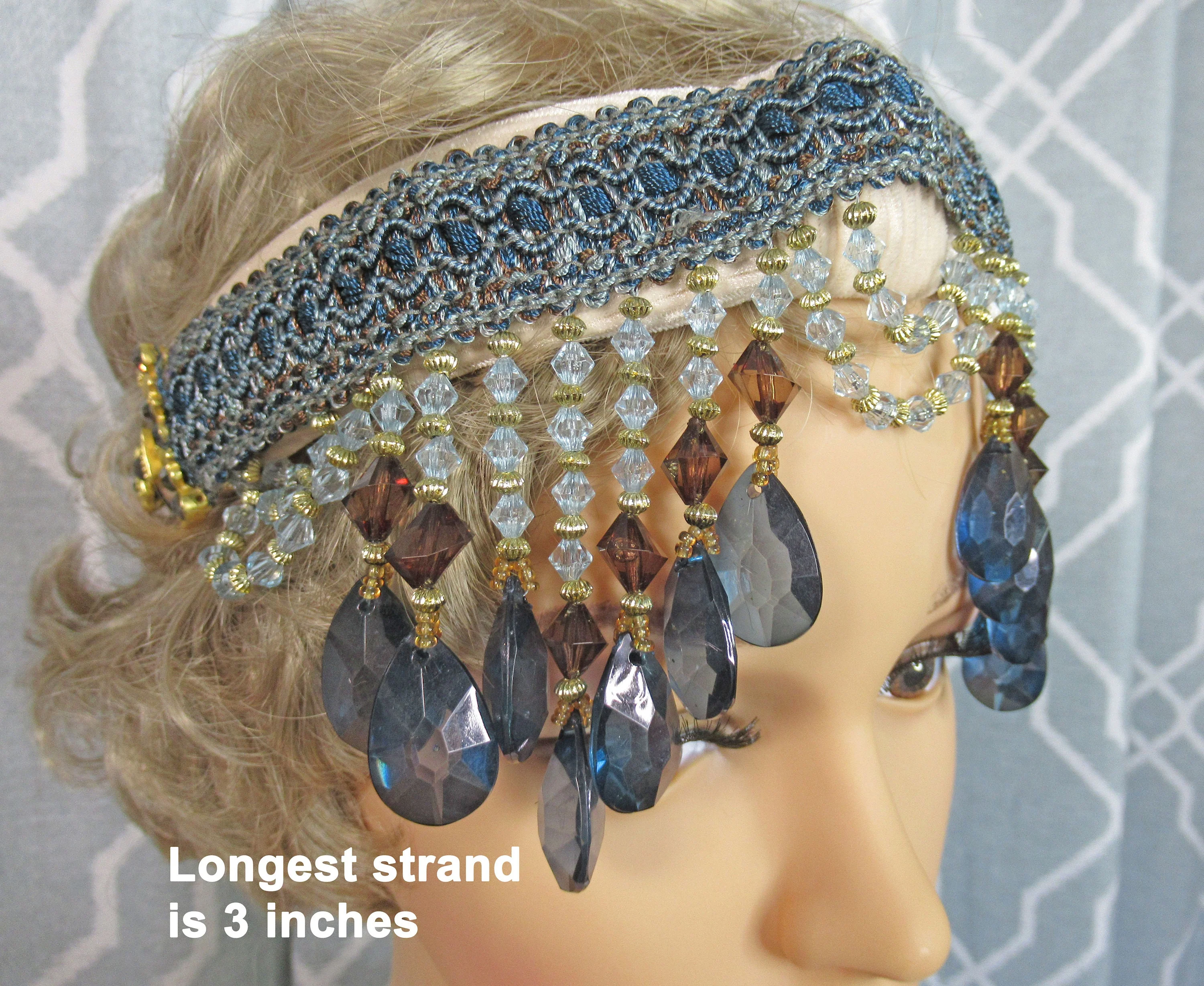 Deco Style Headband Dangling Purple Blue Clear and Gold Graduated Beads and Blue Trim Beads with No Feathers Flapper 20s Style - Image 4