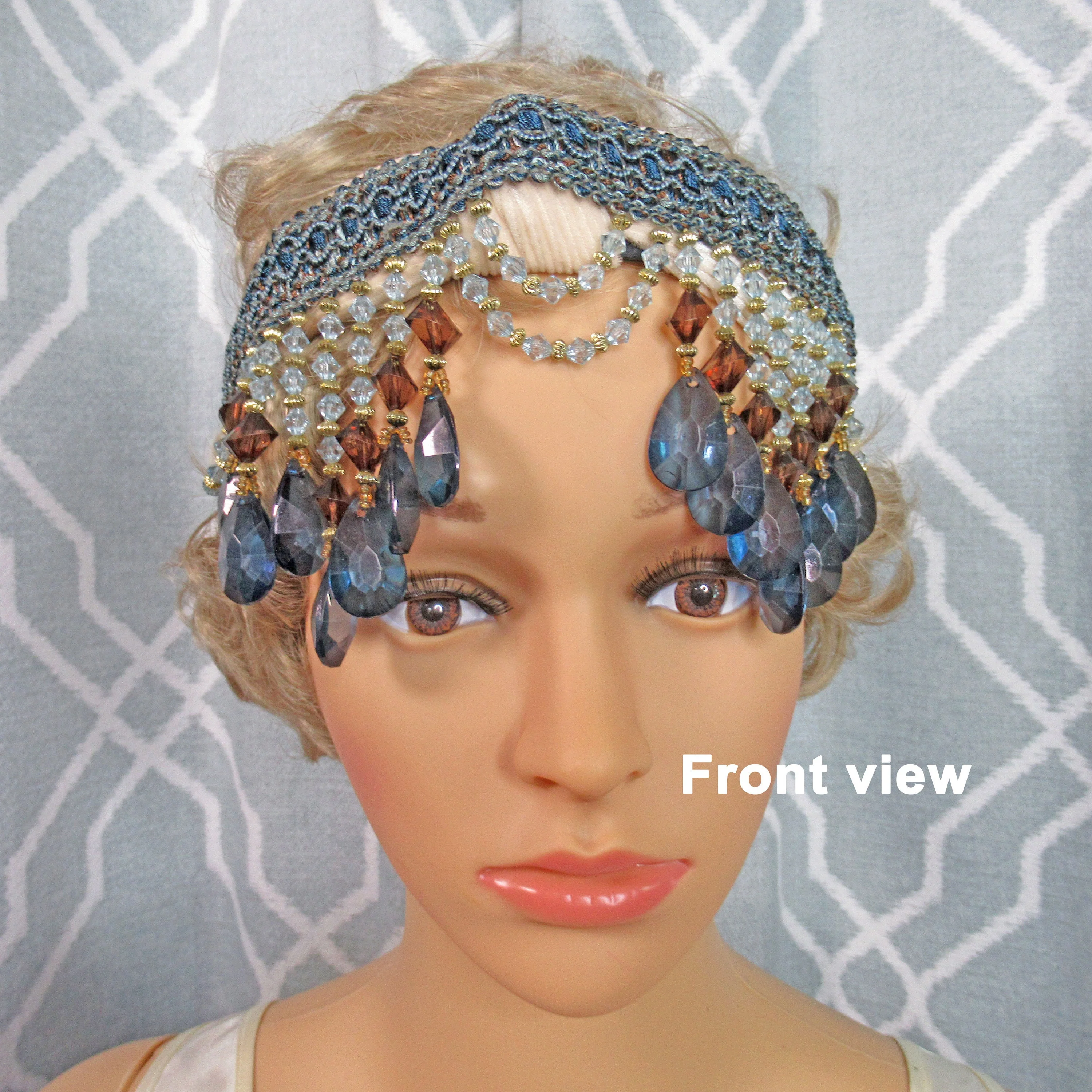 Deco Style Headband Dangling Purple Blue Clear and Gold Graduated Beads and Blue Trim Beads with No Feathers Flapper 20s Style - Image 6