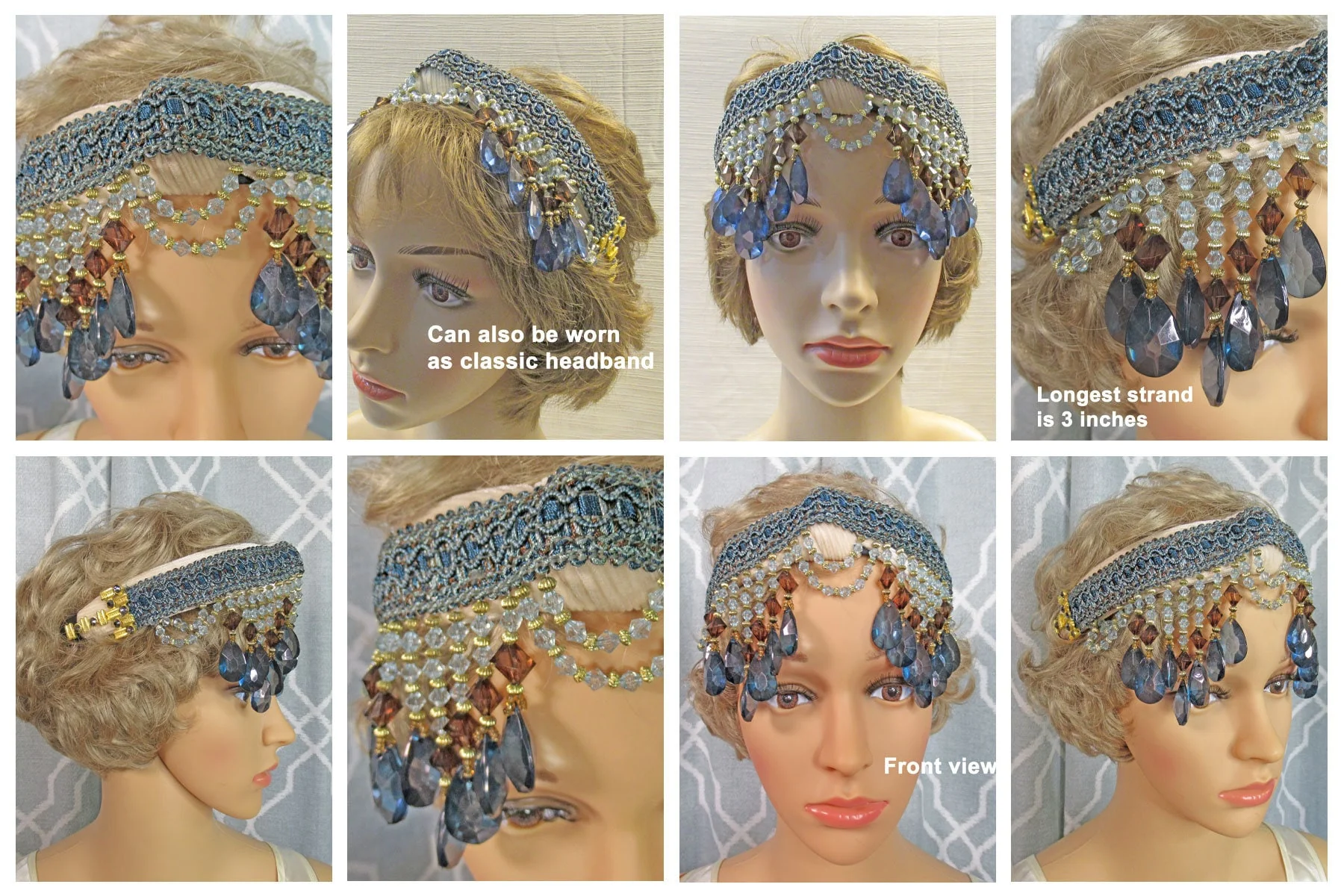 Deco Style Headband Dangling Purple Blue Clear and Gold Graduated Beads and Blue Trim Beads with No Feathers Flapper 20s Style - Image 8