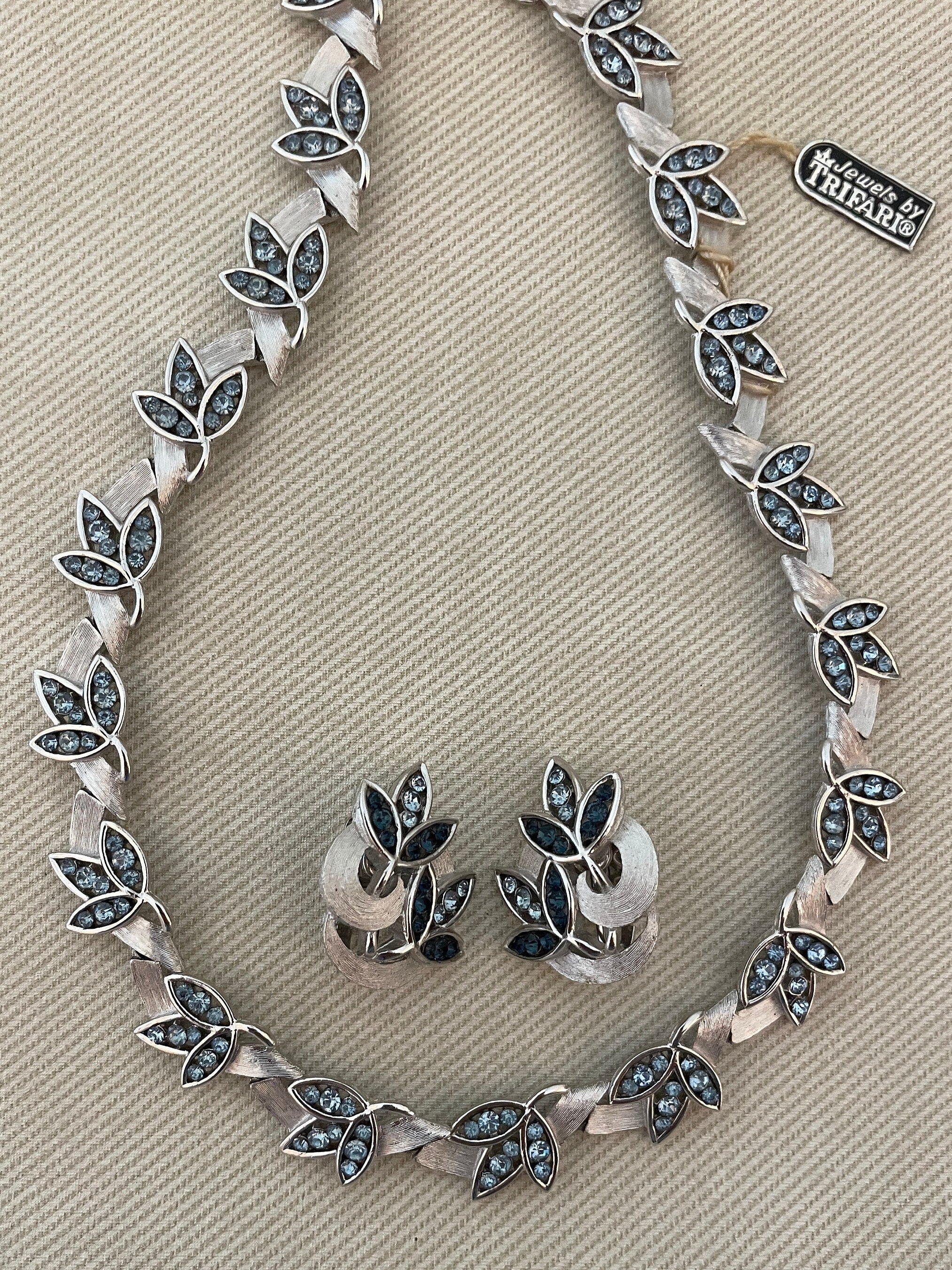 Deco Trifari Signed Silver Leaf Faux Sapphire Crystals Vintage Jewelry Set by Trifari - Image 2
