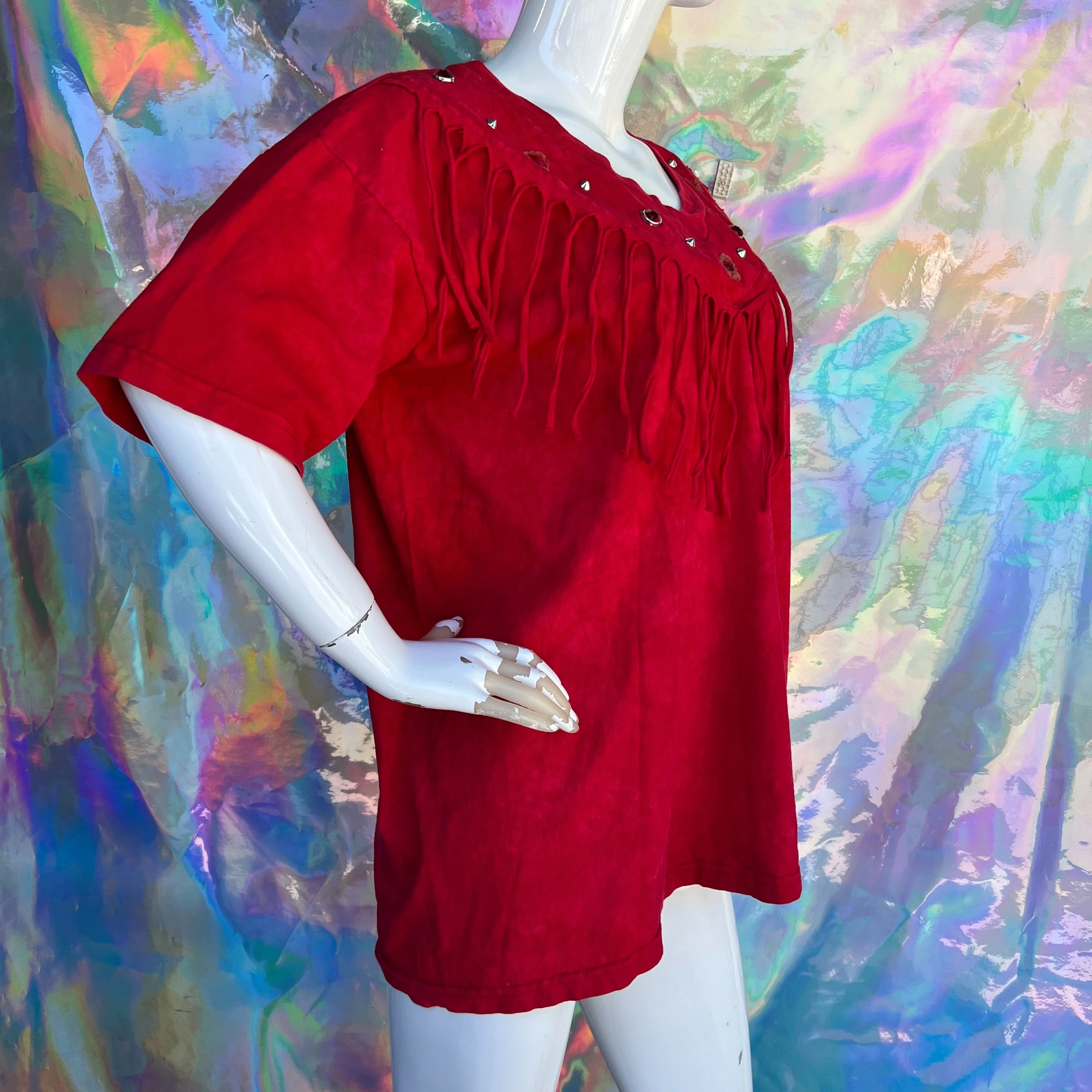 Decorated Red Short Sleeve Fringe T-Shirt - Image 4