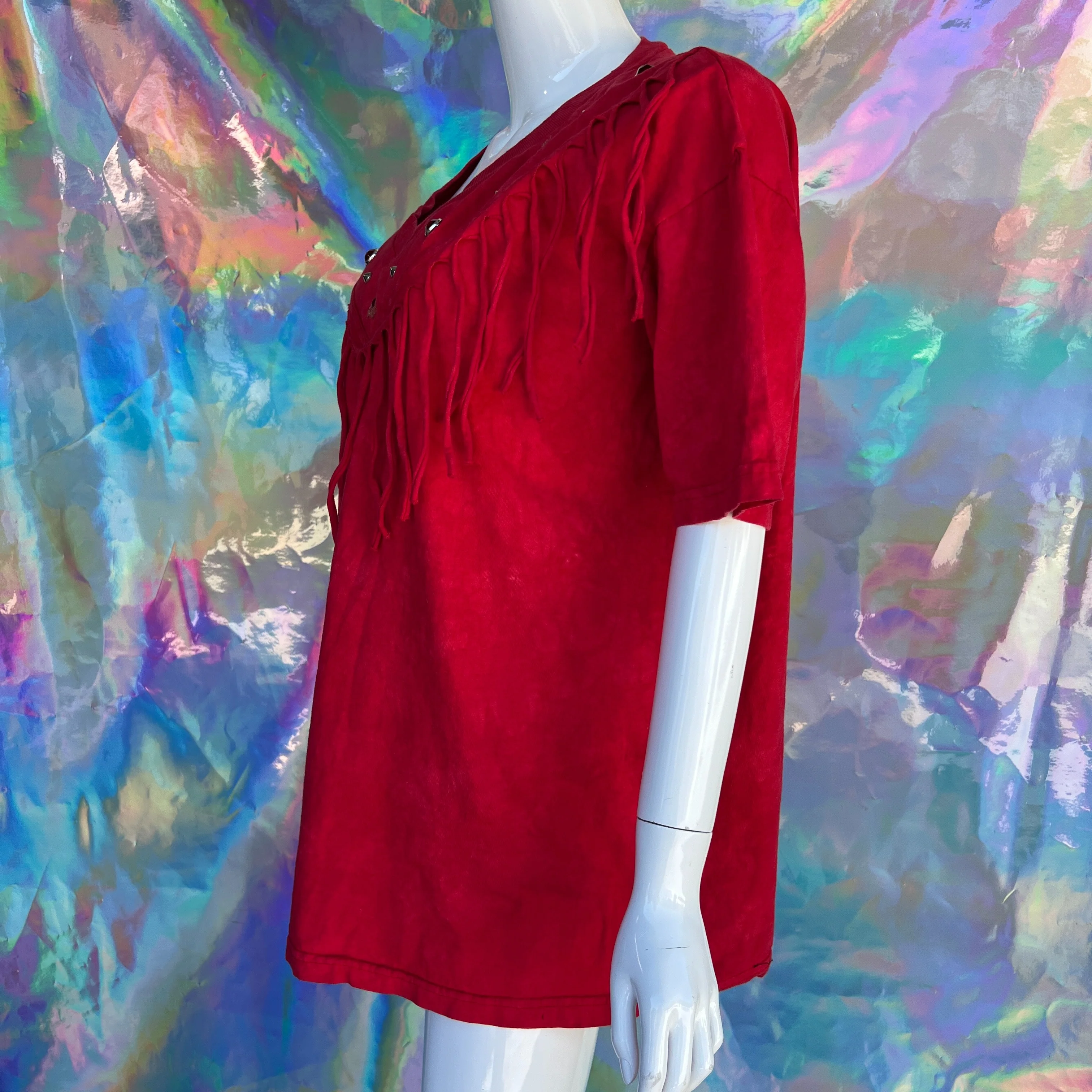 Decorated Red Short Sleeve Fringe T-Shirt - Image 6
