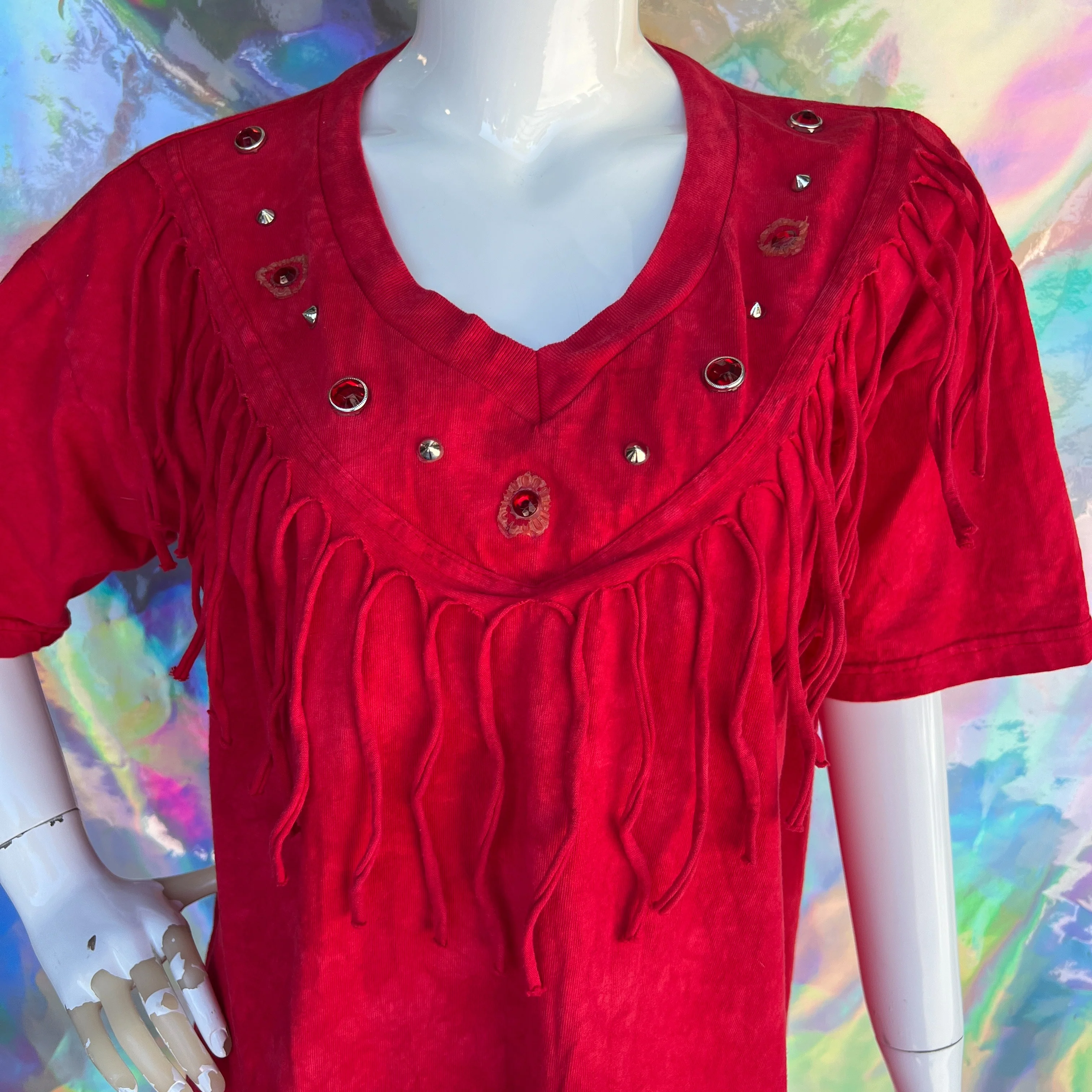 Decorated Red Short Sleeve Fringe T-Shirt - Image 7