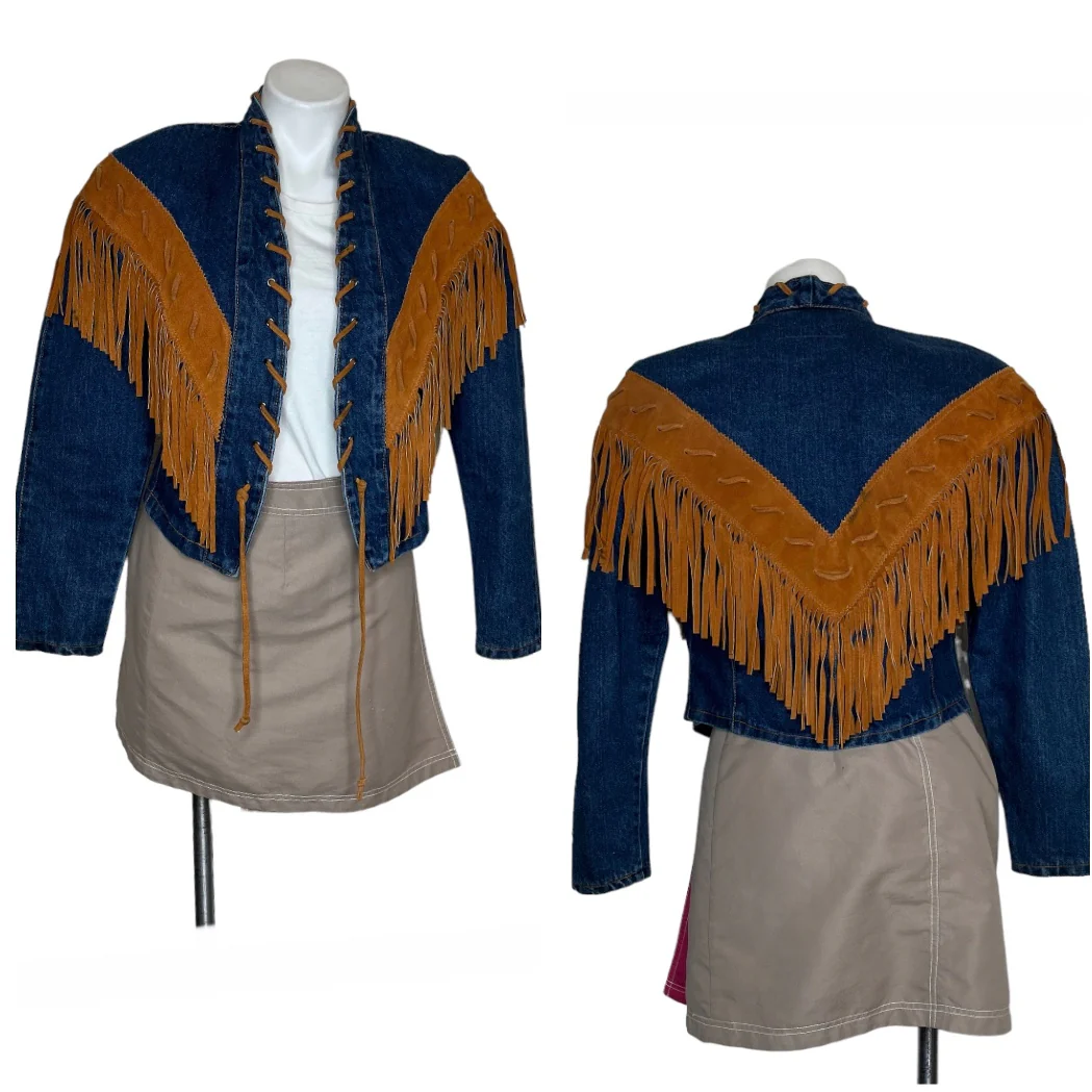 Denim Suede Jacket Fringe Cowgirl Southwestern By Frontier - Image 11