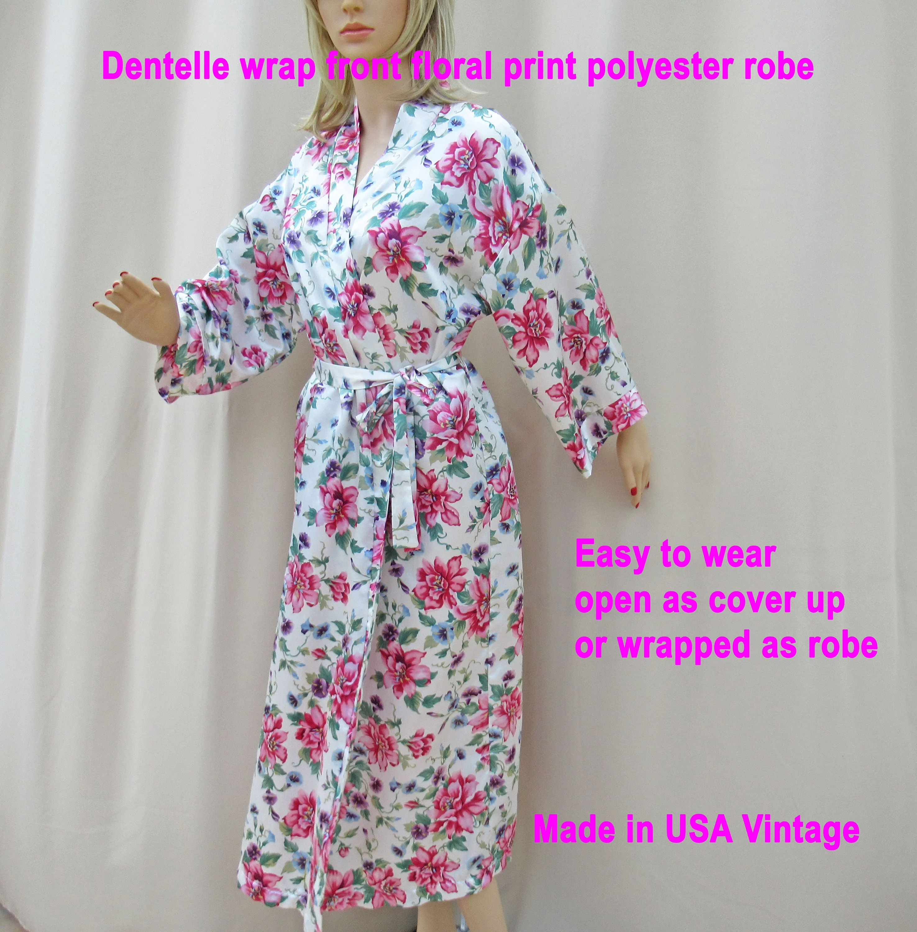 Dentelle Wrap Front Robe Plus Removable Self Belt Brilliant Floral Polyester Pink Purple Green White Robe Style Sleeves by Dentelle - Image 5