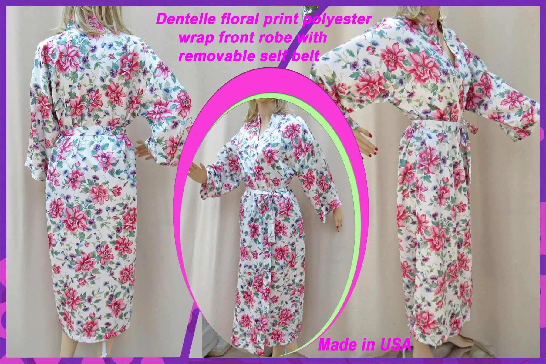Dentelle Wrap Front Robe Plus Removable Self Belt Brilliant Floral Polyester Pink Purple Green White Robe Style Sleeves by Dentelle - Image 7