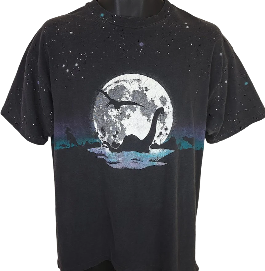 Dinosaurs T-Shirt Vintage 90s All Over Print Stars T Rex Made In Usa Mens Size Large